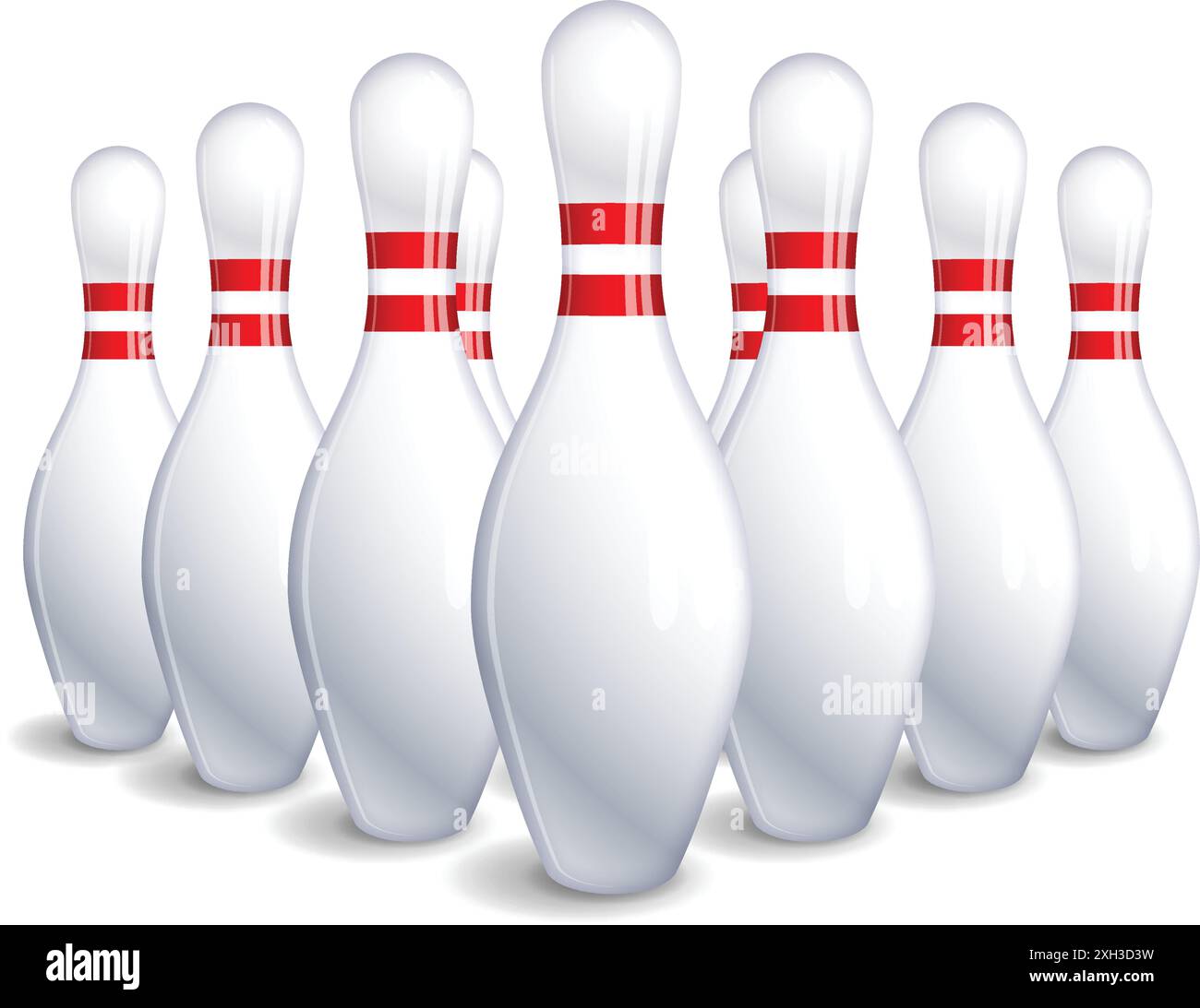 gruppo di birilli da bowling classico, semplice e realistico, a dieci pin, impostato in formazione, con l'icona della vista frontale, isolato su sfondo trasparente Illustrazione Vettoriale