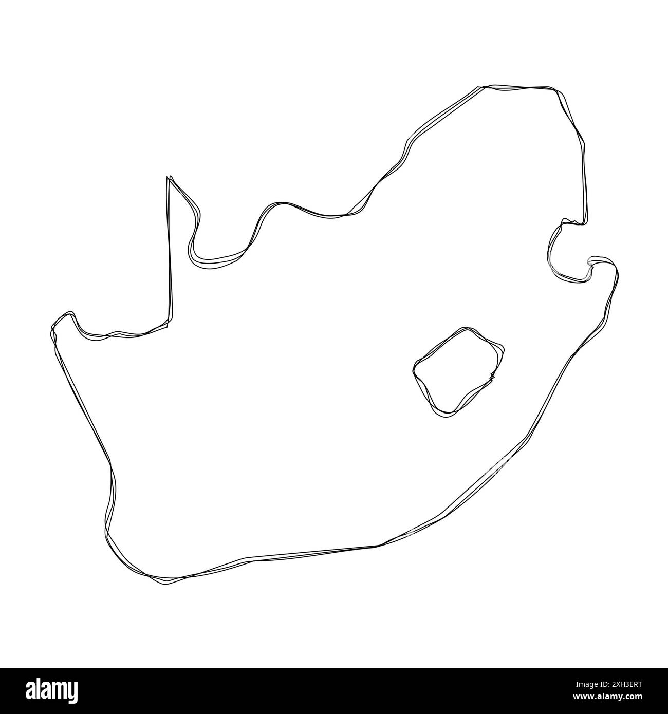Mappa semplificata del paese del Sudafrica. Contorno sottile dello schizzo a matita tripla isolato su sfondo bianco. Semplice icona vettoriale Illustrazione Vettoriale