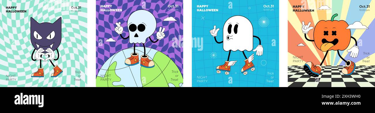 Set di striscioni quadrati in stile retrò Groovy Happy Halloween Night Party. Stravaganti personaggi di zucca, teschio, pipistrello e fantasmi natalizi su una strana stampa hippy. Volantino astratto hippie psichedeliche. Elegante design pop y2k Illustrazione Vettoriale