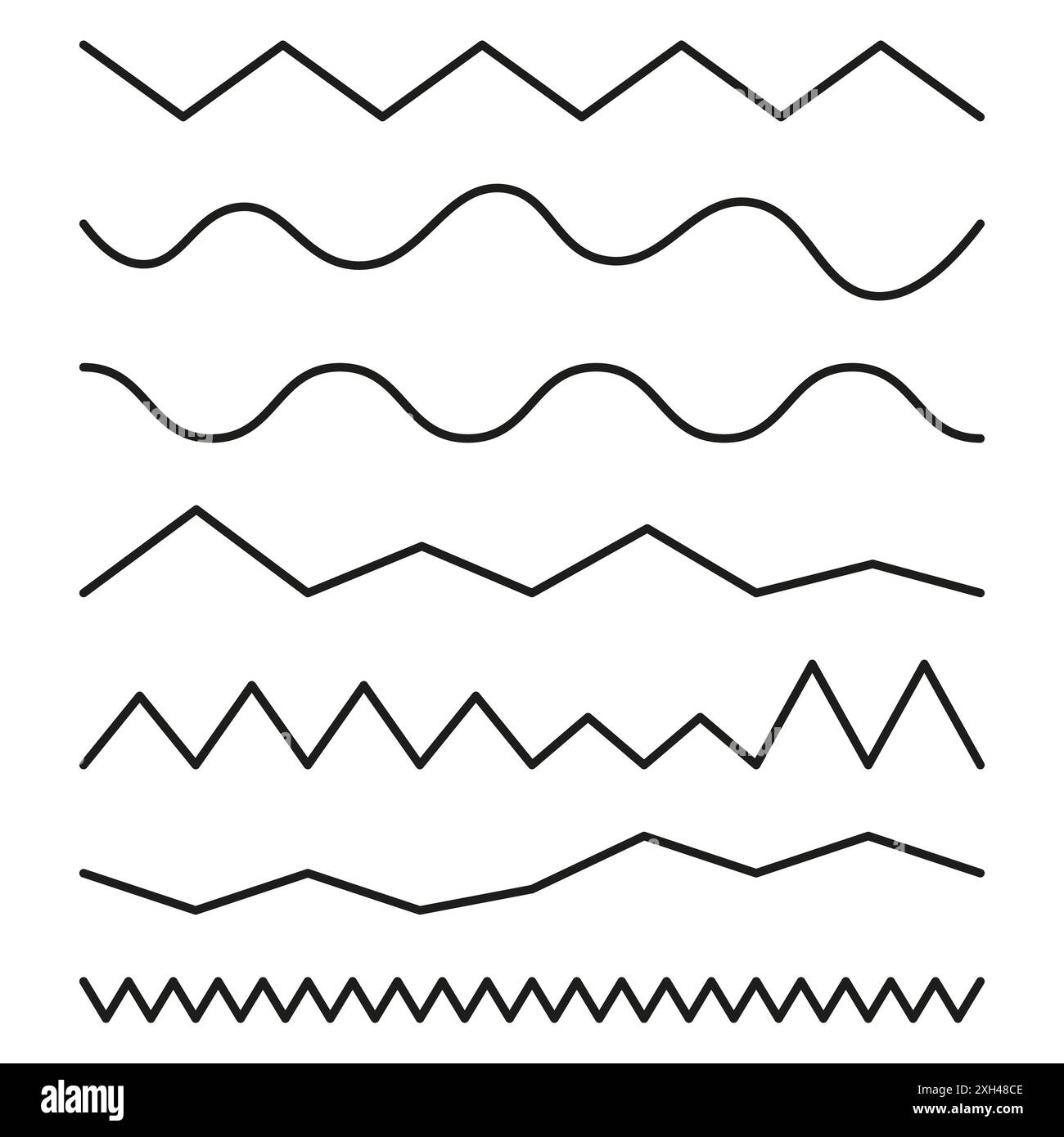 Linee ondulate e zigzag. Gruppo di vettori geometrici. Bianco e nero. Schemi astratti. Illustrazione Vettoriale