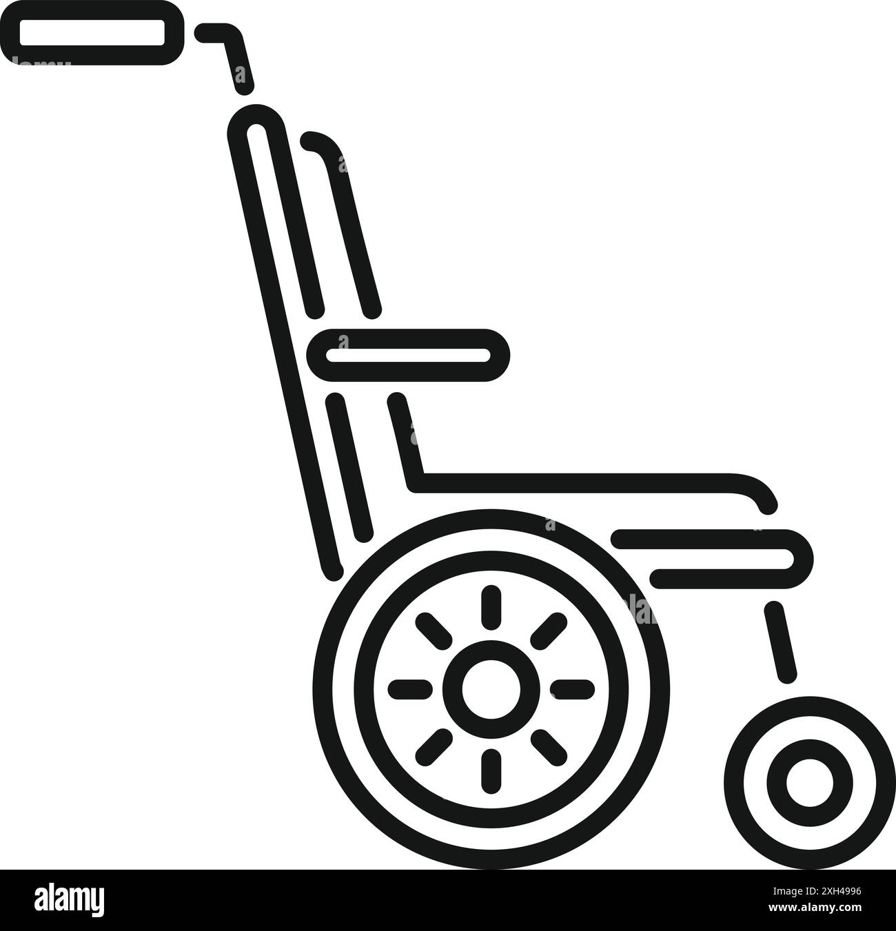 Icona di linea semplice e minimalista di una sedia a rotelle, che trasmette concetti di accessibilità, ausili alla mobilità e attrezzature mediche Illustrazione Vettoriale