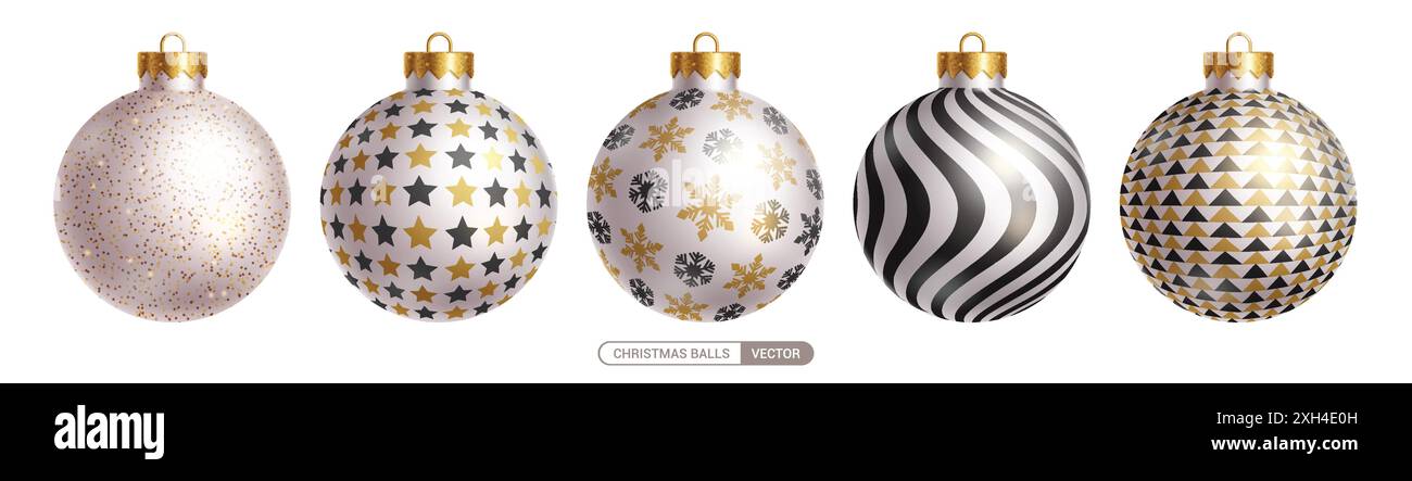 Design del set vettoriale di palle di Natale. Palla di Natale con eleganti glitter, stelle, fiocchi di neve, curve e triangoli in forma tonda Illustrazione Vettoriale