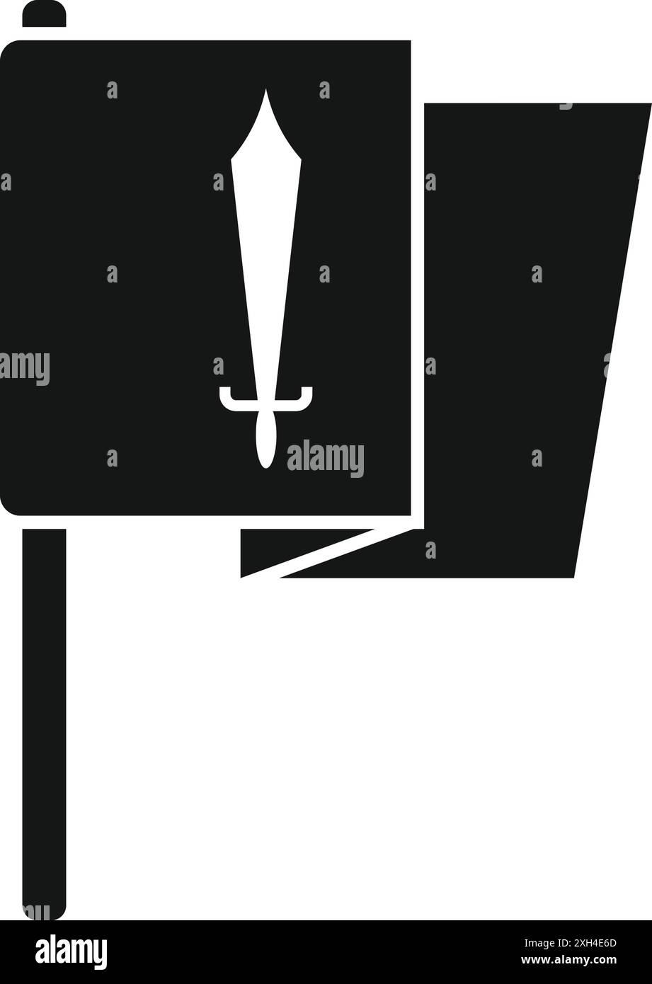 Semplice icona in bianco e nero di una bandiera che sventola nel vento, con una spada che simboleggia la guerra, la conquista e il potere Illustrazione Vettoriale