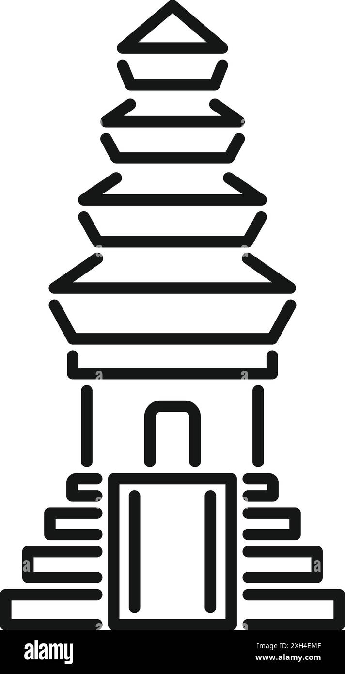 Semplice ed elegante icona d'arte di linea di un tradizionale tempio balinese con tetto a più livelli Illustrazione Vettoriale