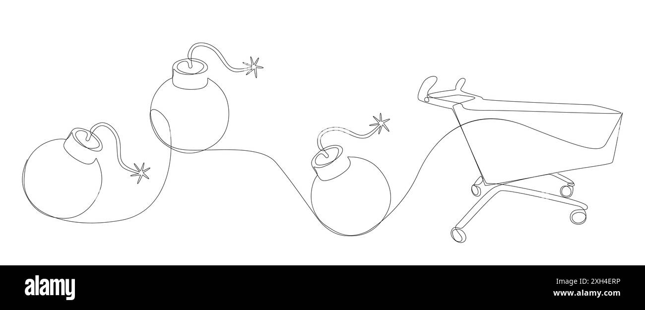 Una linea continua di carrelli con bombe. Concetto del vettore dell'illustrazione a linee sottili. Idee creative per il disegno dei contorni. Illustrazione Vettoriale
