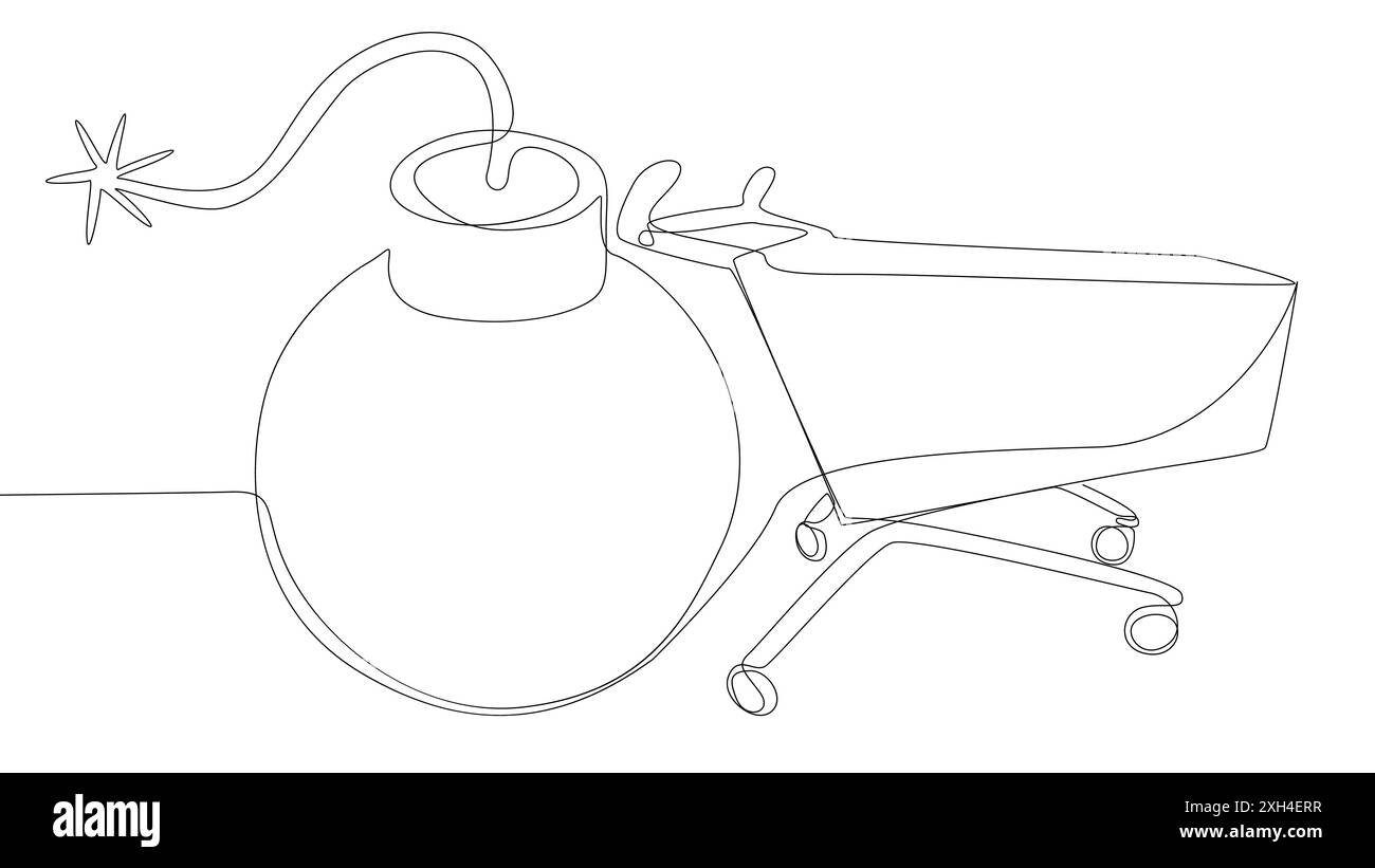 Una linea continua di carrelli con bombe. Concetto del vettore dell'illustrazione a linee sottili. Idee creative per il disegno dei contorni. Illustrazione Vettoriale