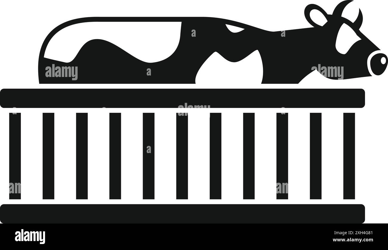 Silhouette in bianco e nero di una mucca da latte sdraiata in una stalla per fienile, riposata dopo una lunga giornata di pascolo Illustrazione Vettoriale