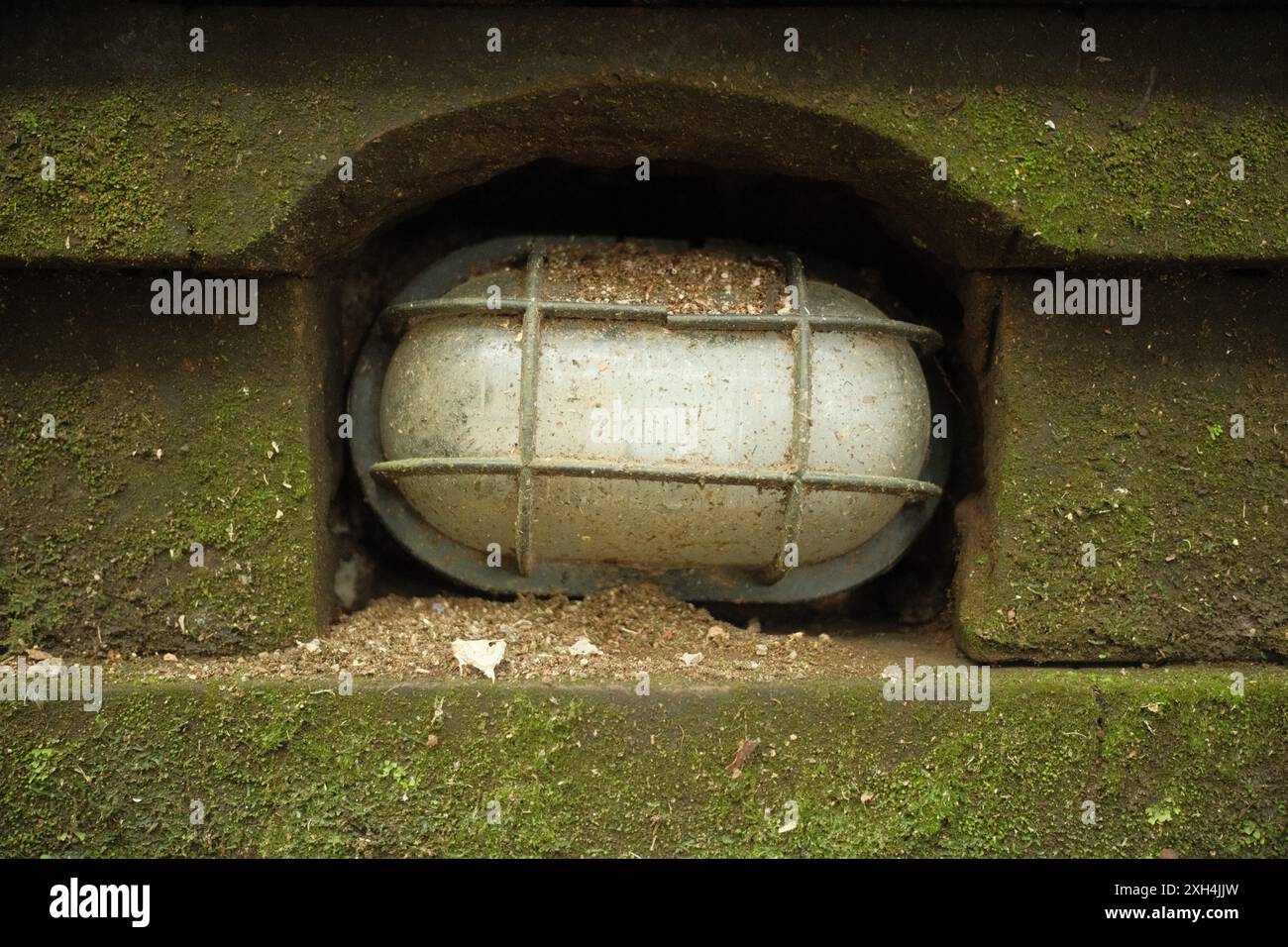 Vecchie lampade bunker industriali d'epoca montate su pietre naturali mossy Foto Stock