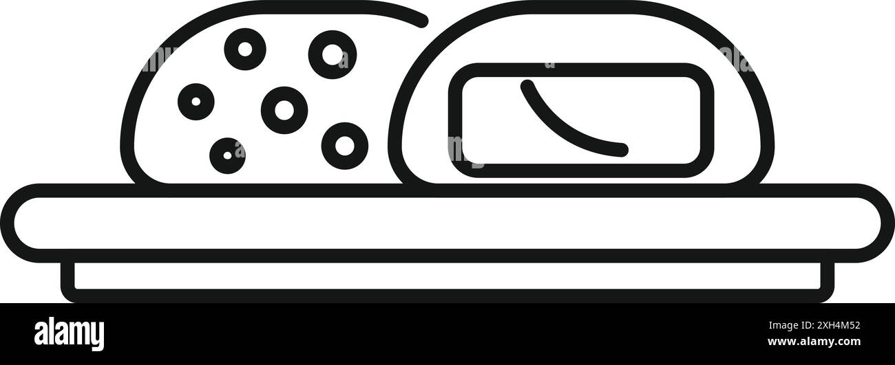 Disegno di una bilancia da cucina del peso di due porzioni di dessert, evidenziando le differenze di densità e dimensioni della porzione Illustrazione Vettoriale