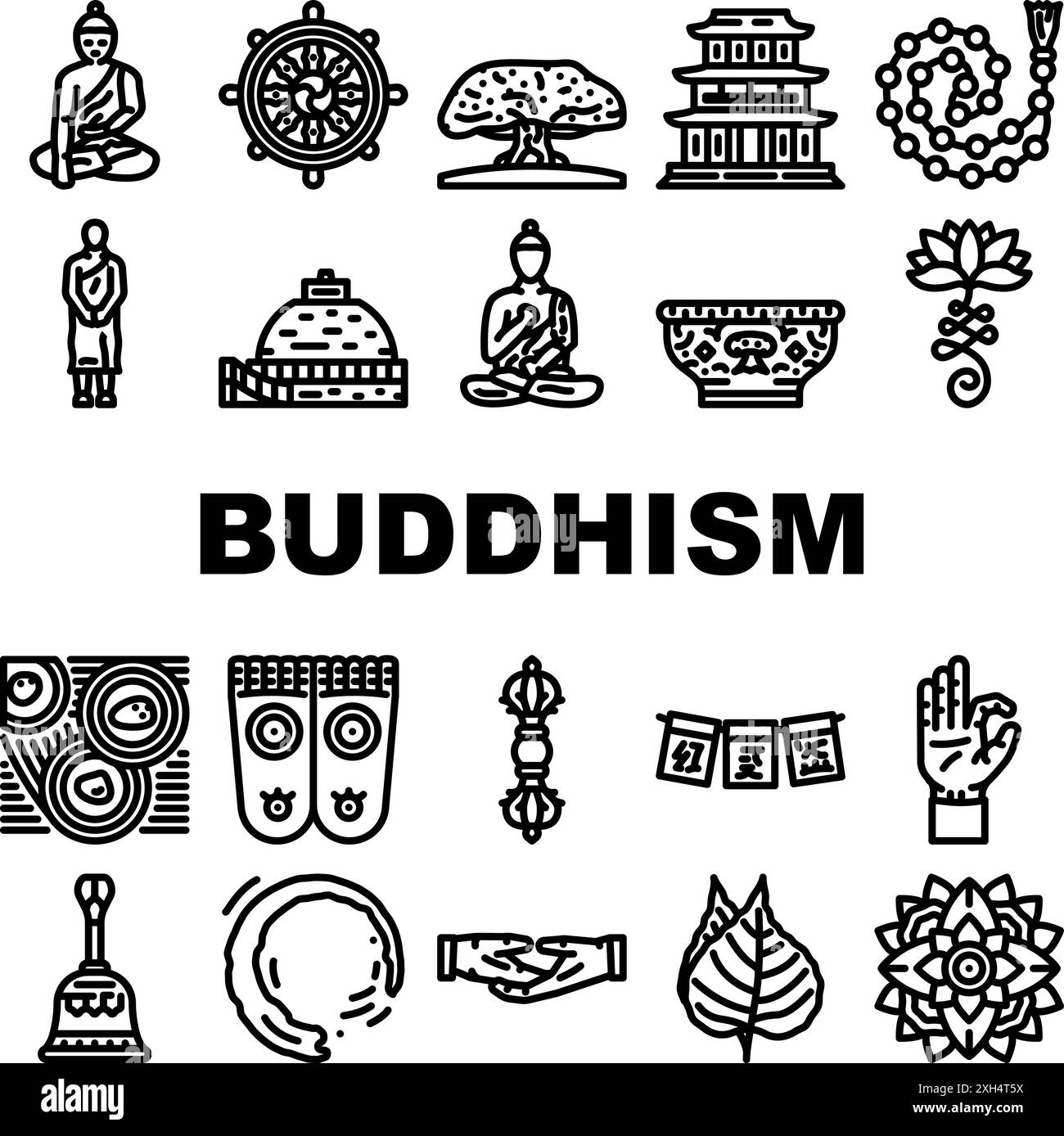 religione buddista buddha thailandia icone set vettoriale Illustrazione Vettoriale