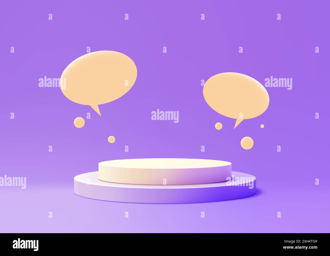 Moderno podio 3D con bolle vocali fluttuanti, concetto di comunicazione per display di ockup prodotto, design minimalista viola e bianco Illustrazione Vettoriale