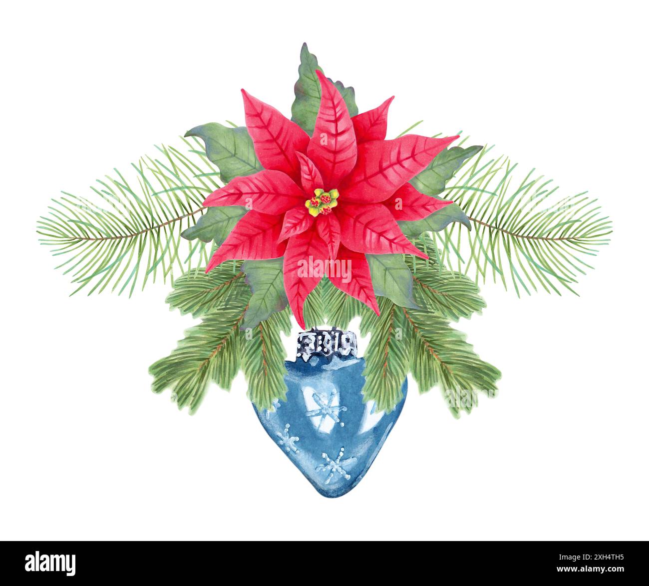 I rami di abete sono decorati con un fiore poinsettia e una decorazione blu lucente dell'albero di Natale. Illustrazione acquerello botanico sul tema del nuovo Foto Stock