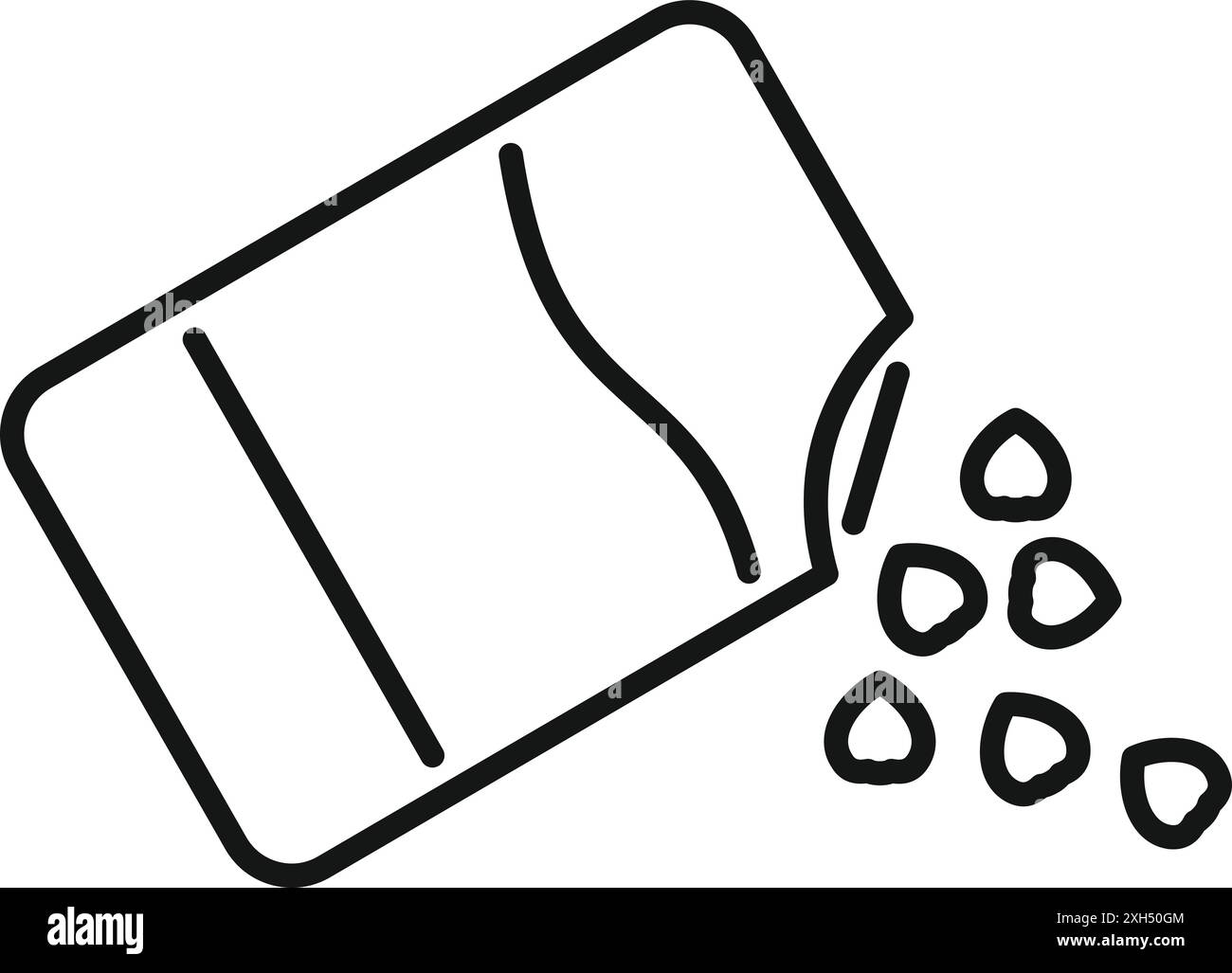 Disegno a linee di una confezione aperta inclinata che riversa cibo o snack in pellet Illustrazione Vettoriale