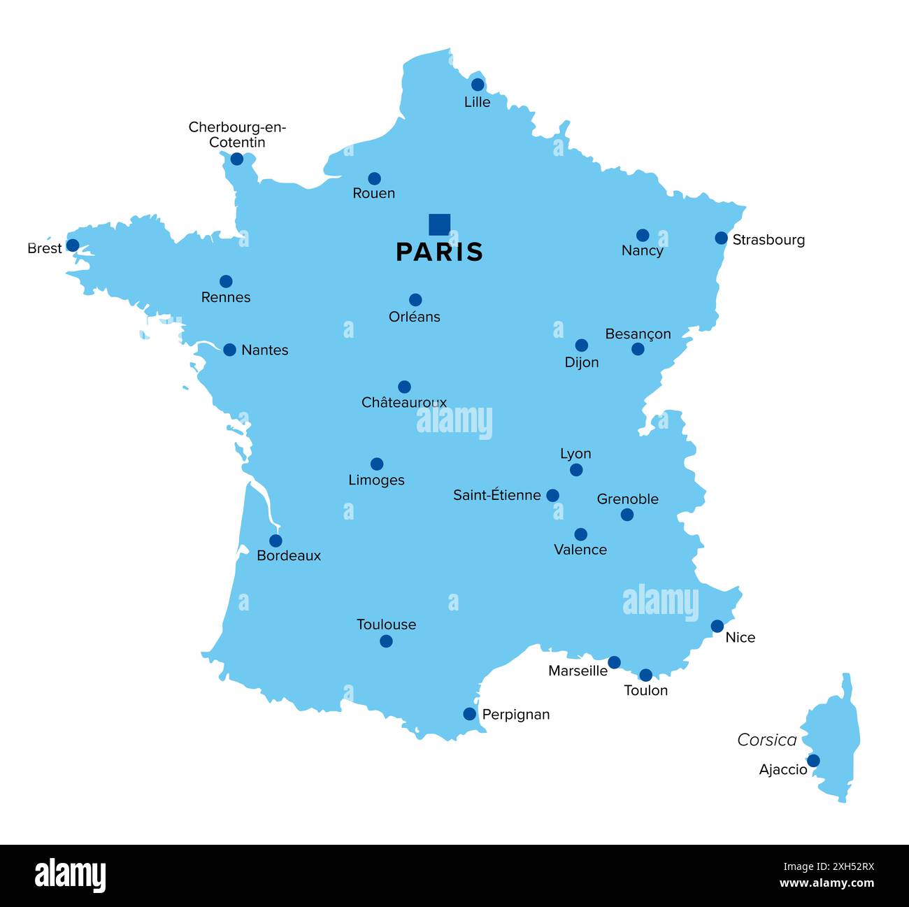 Silhouette della Francia metropolitana, mappa politica con la capitale Parigi e le grandi città. Area della Francia europea, geograficamente in Europa. Foto Stock
