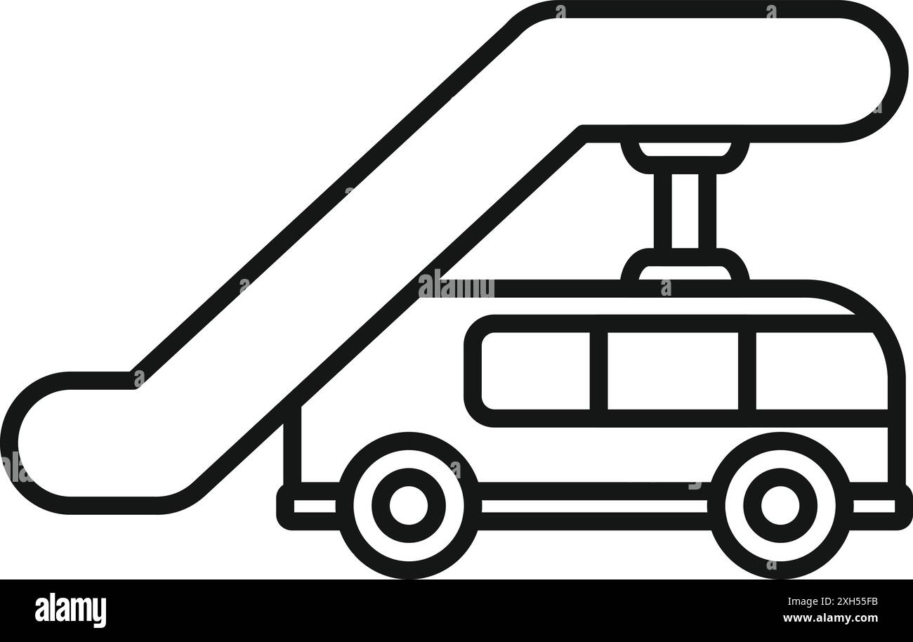 Semplice icona a forma di riga di un passeggero dell'aeroporto che sale sulle scale, che collega i passeggeri all'aereo per salire o scendere Illustrazione Vettoriale