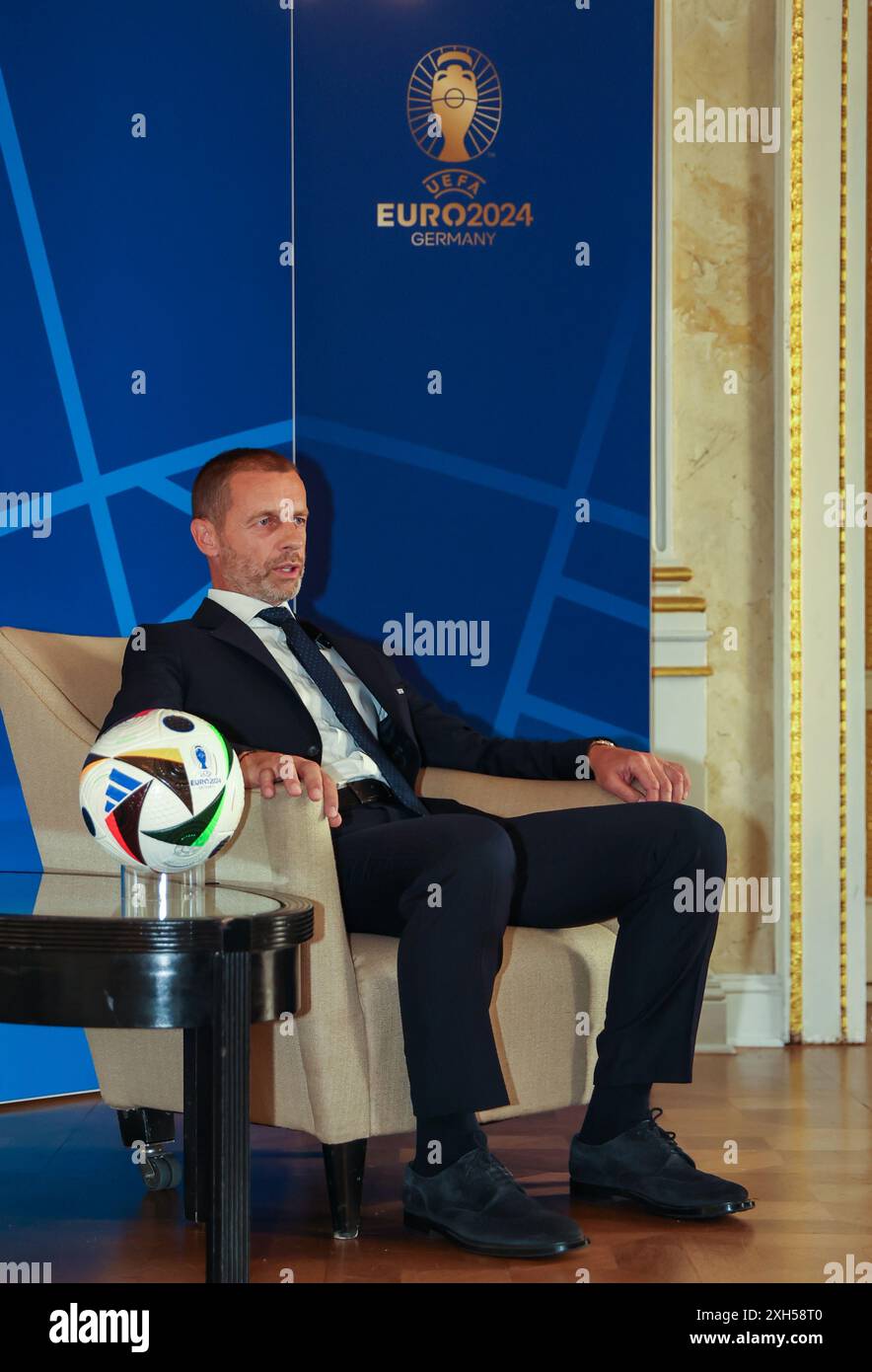 Monaco, Germania. 9 luglio 2024. il presidente UEFA Aleksander Ceferin parla durante un'intervista con Xinhua a Monaco, Germania, il 9 luglio 2024. Intervista: il presidente UEFA Ceferin parla di "miglior mai" Euro 2024, mira ad aiutare la Cina a creare superstar credito: Zhang fan/Xinhua/Alamy Live News Foto Stock