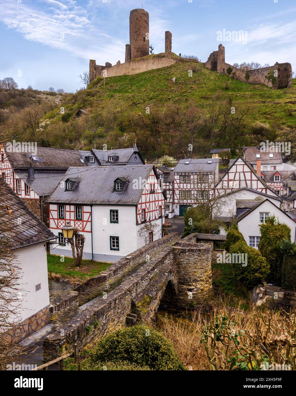 Affascinanti case in legno lungo un fiume con un castello medievale su una collina nebbiosa a Monreal, Germania. Foto Stock