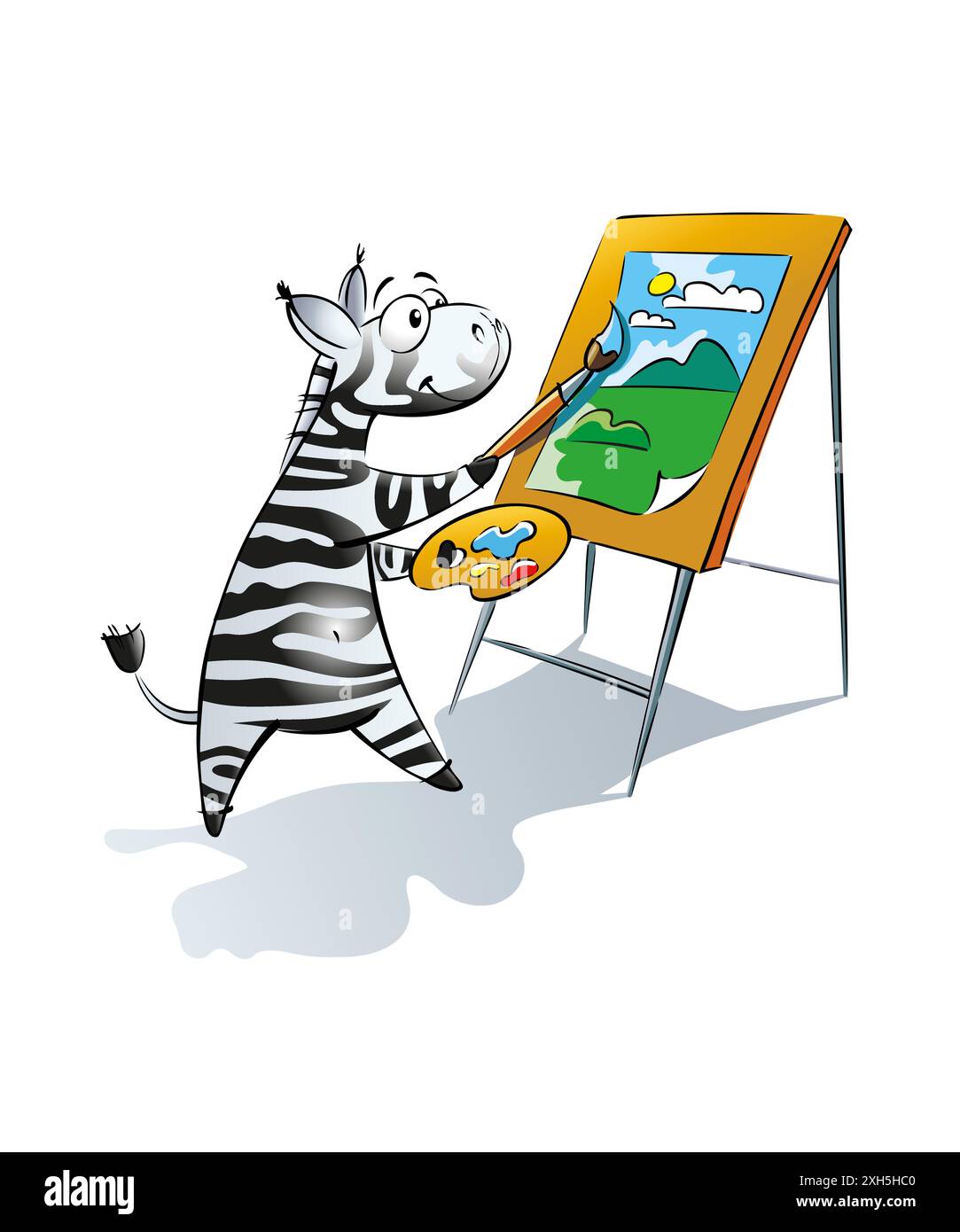 Una zebra carina sta dipingendo un quadro su un cavalletto. Immagine vettoriale cartoni animati di zebra divertente per lo studio di disegno dei bambini o stampa su t-shirt Illustrazione Vettoriale