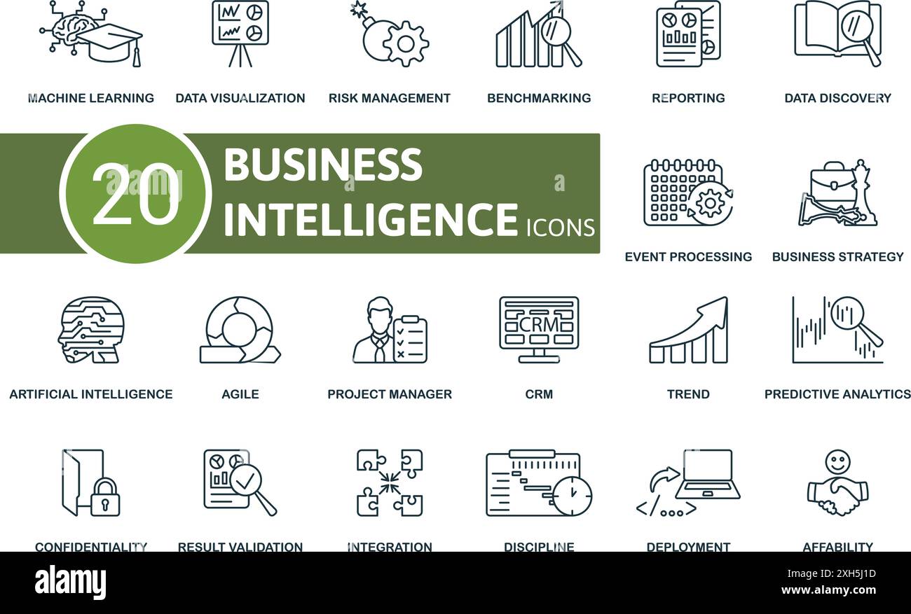 Set di icone di linea sottile di Business Intelligence. Apprendimento automatico, visualizzazione dei dati, Gestione dei rischi, benchmarking, Reporting, rilevamento dati, evento Illustrazione Vettoriale