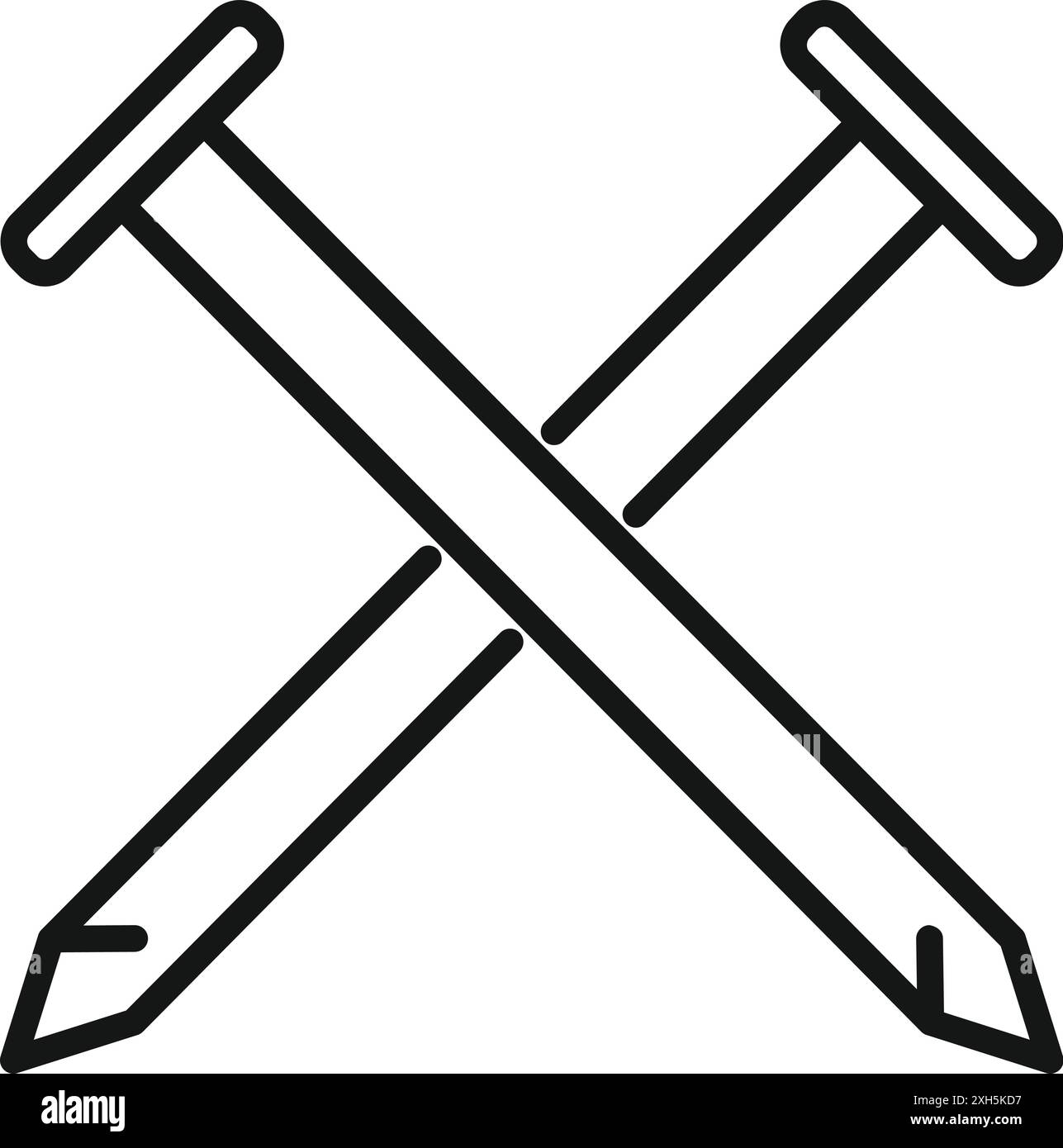 Icona minimalista in bianco e nero con due chiodi che si incrociano, perfetta per rappresentare progetti di costruzione o fai da te Illustrazione Vettoriale