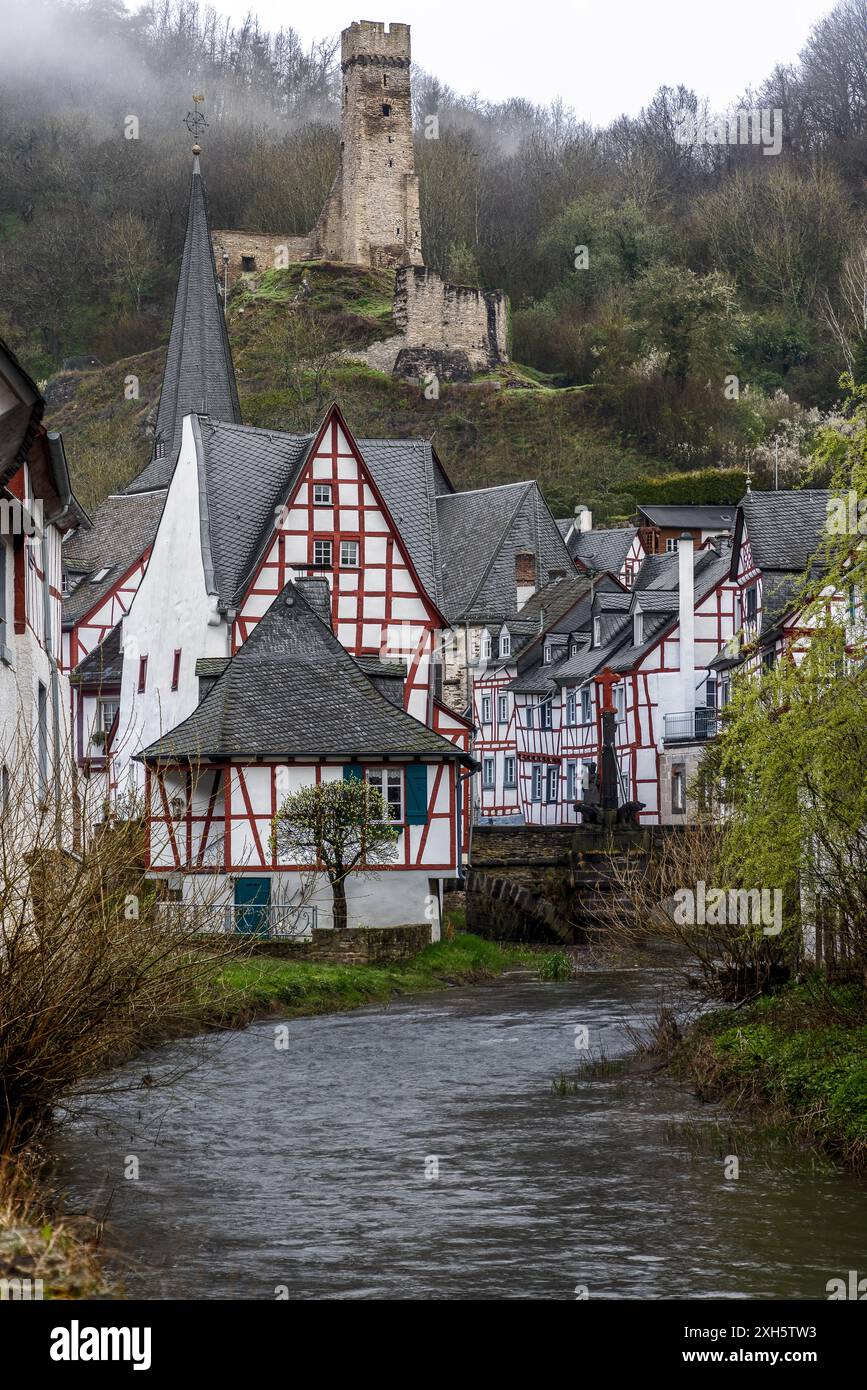 Affascinanti case in legno lungo un fiume con un castello medievale su una collina nebbiosa a Monreal, Germania. Foto Stock