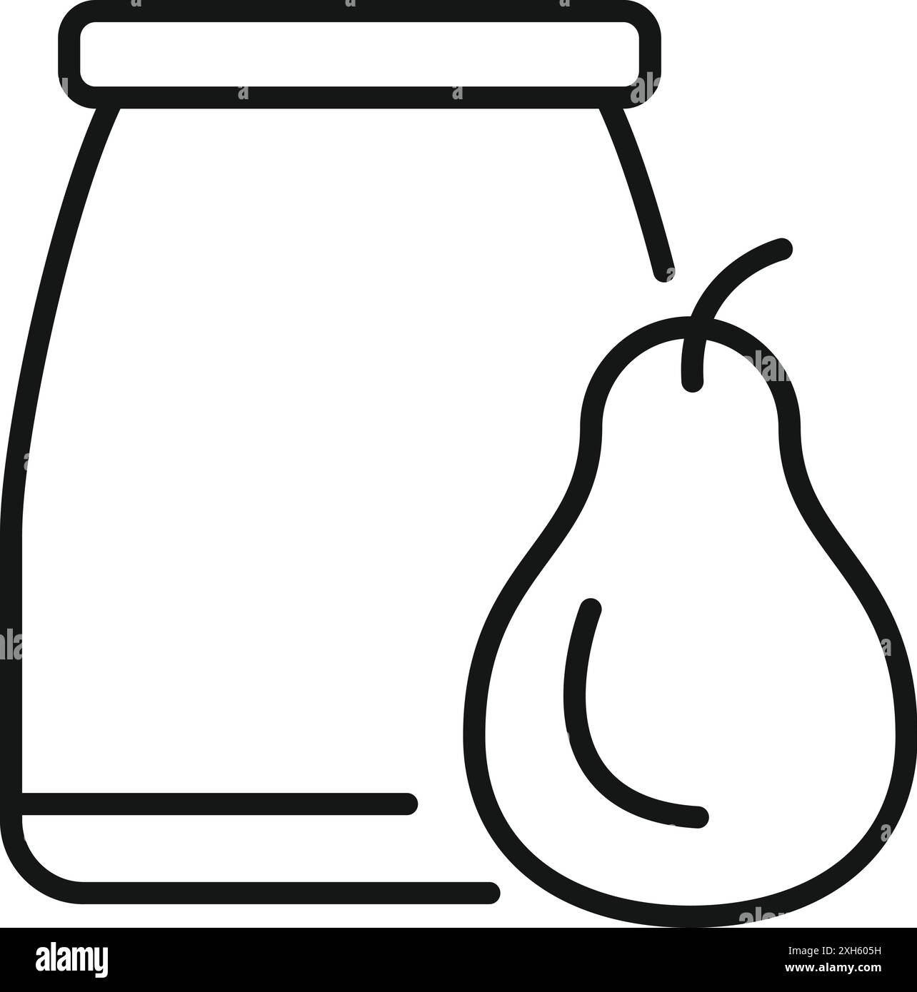 Semplice disegno a linee di una pera accanto a un barattolo, che rappresenta il concetto di preparazione della marmellata di pere e conservazione del cibo Illustrazione Vettoriale