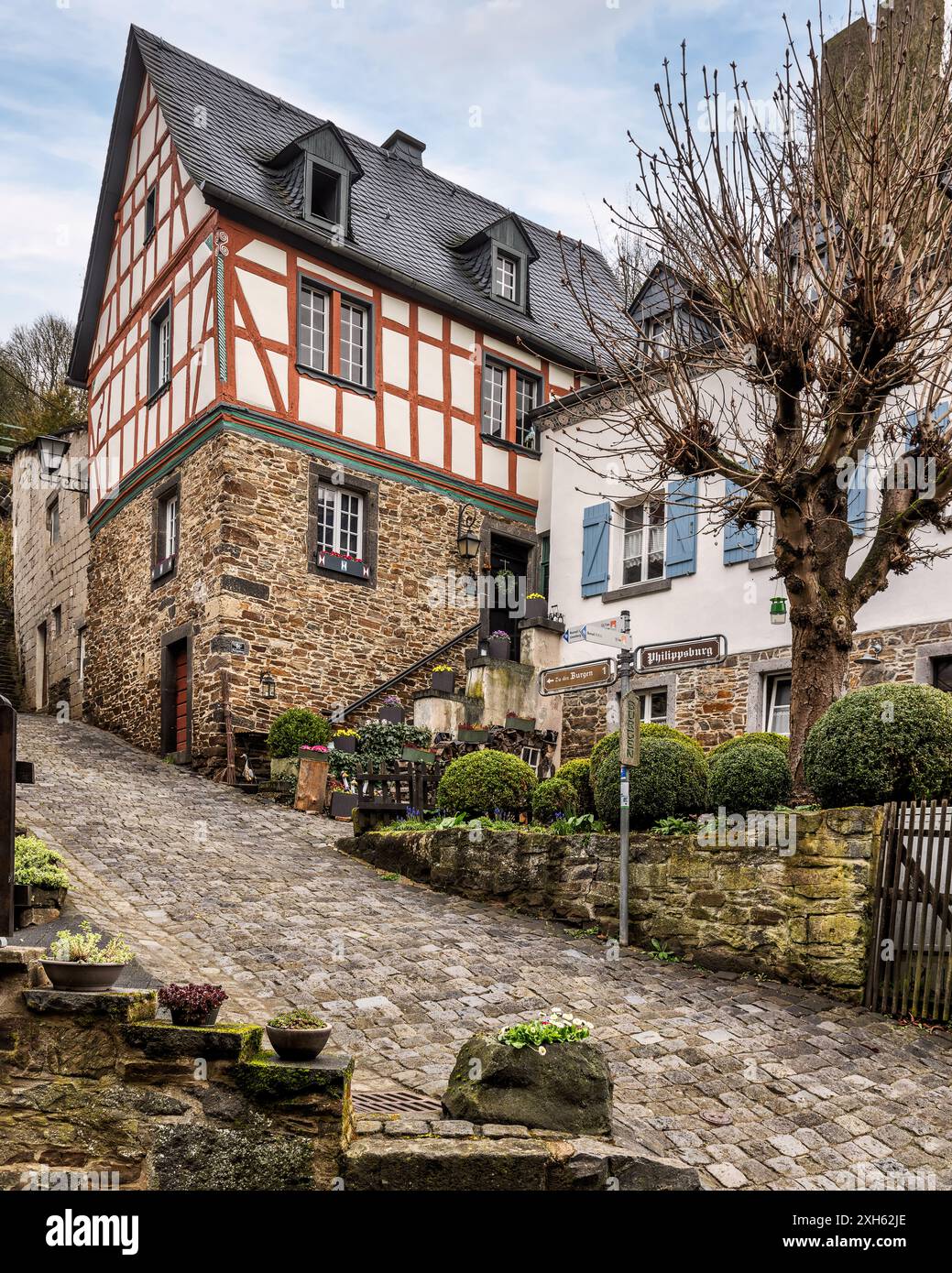 Affascinanti case in legno lungo un fiume con un castello medievale su una collina nebbiosa a Monreal, Germania. Foto Stock