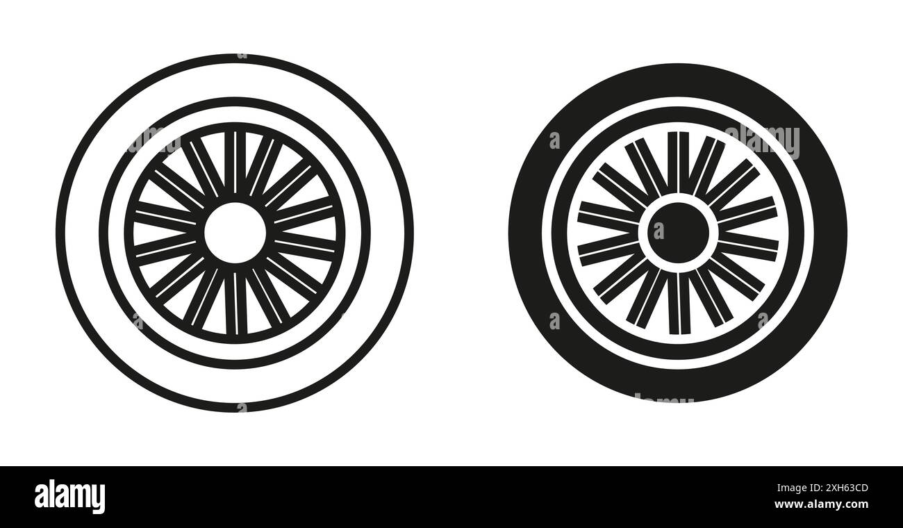 Icona del coprimozzo dell'auto simbolo vettoriale o collezione di set di cartelli in bianco e nero Illustrazione Vettoriale