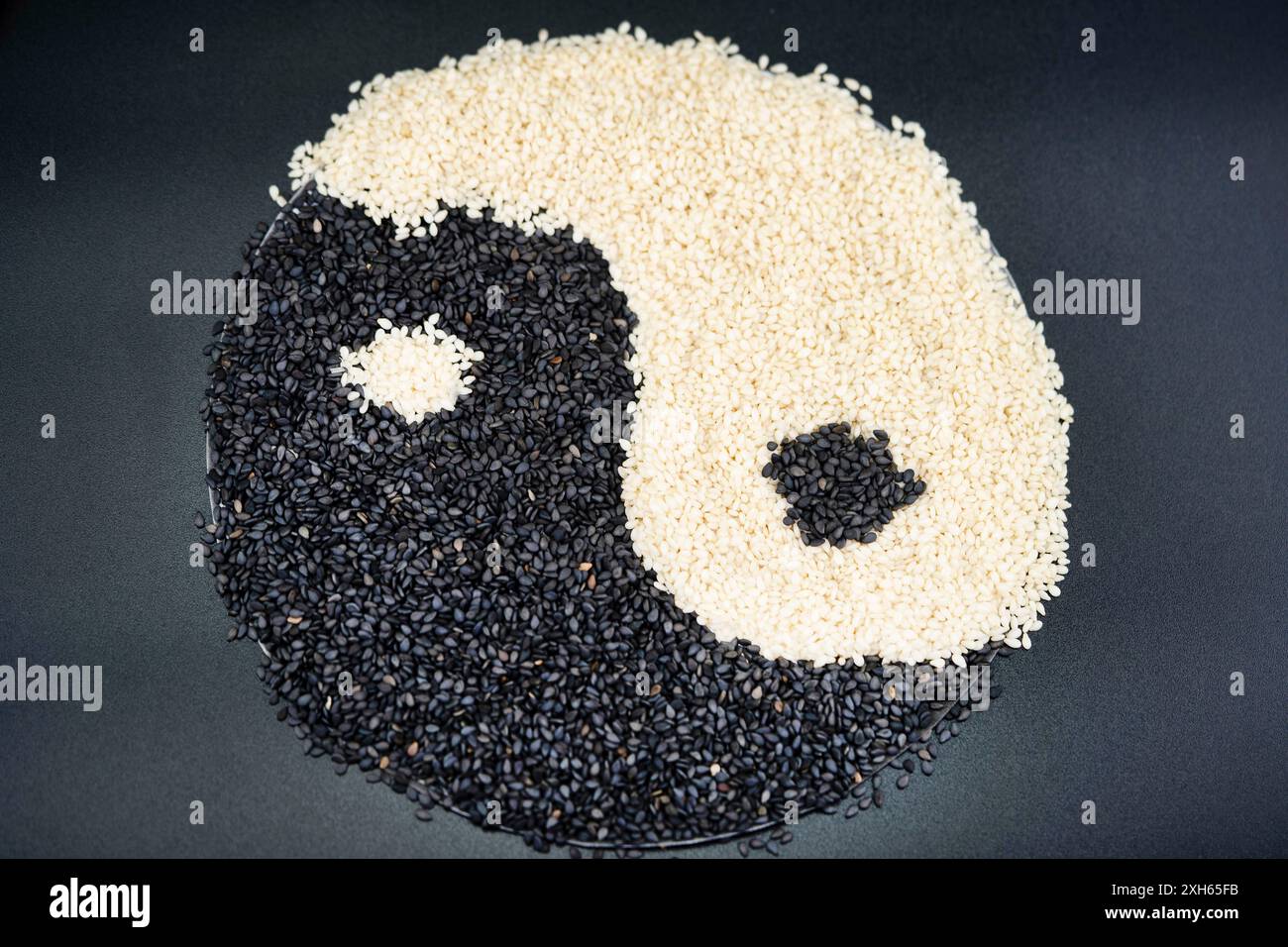 sesamum, sesamo (Sesamum indicum), He tu, simbolo yin-yang dai semi di sesamo bianco e nero Foto Stock