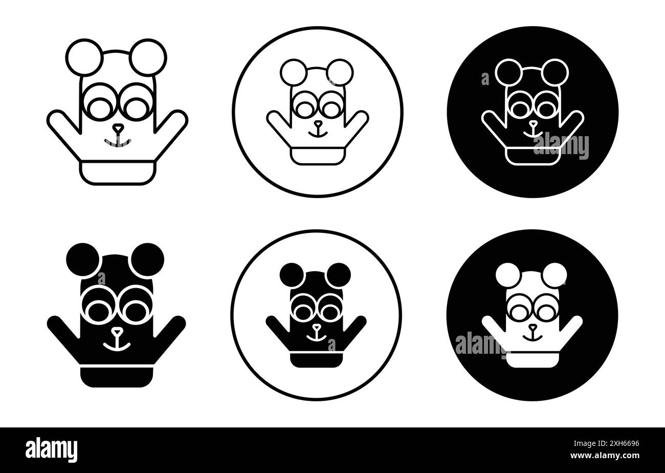 Icona marionetta a mano simbolo vettoriale o set di insegne con contorno bianco e nero Illustrazione Vettoriale