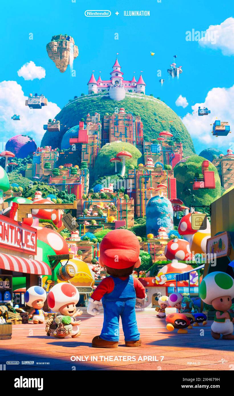 I Super Mario Bros Film (2023) diretto da Aaron Horvath, Michael Jelenic e Pierre Leduc e interpretato da Chris Pratt come la voce di un idraulico di nome Mario che viaggia attraverso un labirinto sotterraneo con suo fratello Luigi, cercando di salvare una principessa catturata. Poster US Advance ***SOLO PER USO EDITORIALE***. Crediti: BFA / Universal Pictures Foto Stock