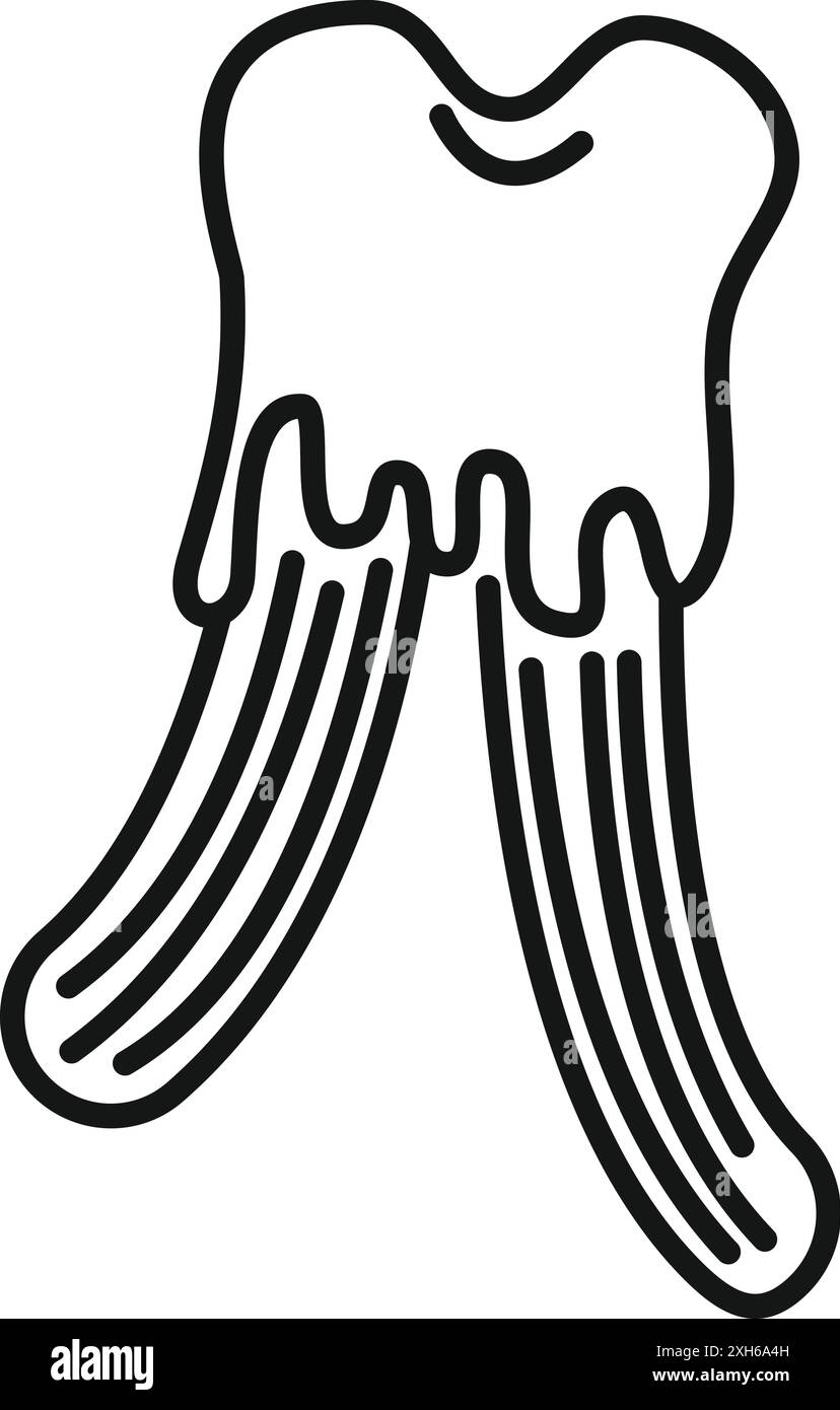 Arte in linea bianca e nera di un dente in decadenza con radici lunghe, che simboleggia una scarsa igiene dentale Illustrazione Vettoriale