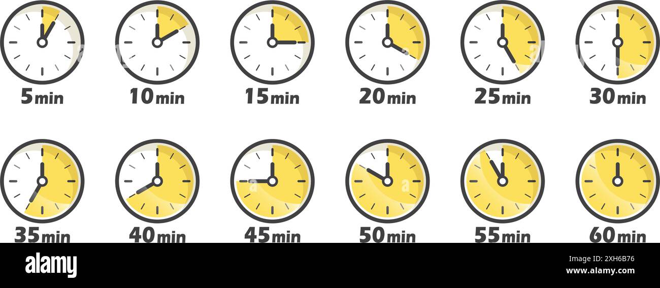 Da 5 minuti a 60 minuti sull'icona del cronometro in stile piatto. Illustrazione vettoriale del timer del quadrante dell'orologio su sfondo isolato. Conto alla rovescia firma affari con Illustrazione Vettoriale