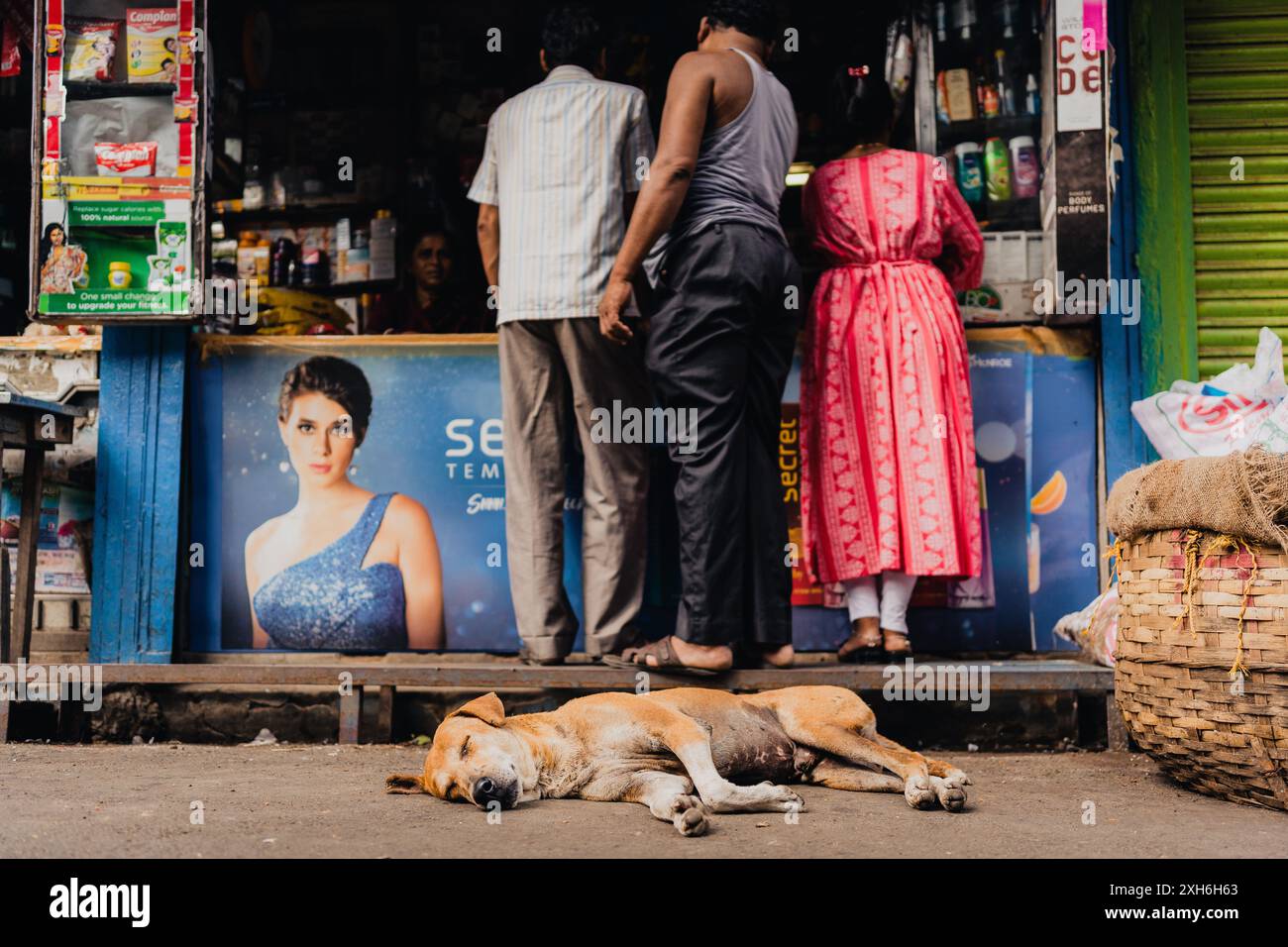 Kolkata, India - 20 ottobre 2023: Un cane randagio è visto riposare di fronte al negozio di strada in un bazar con gente in città Foto Stock