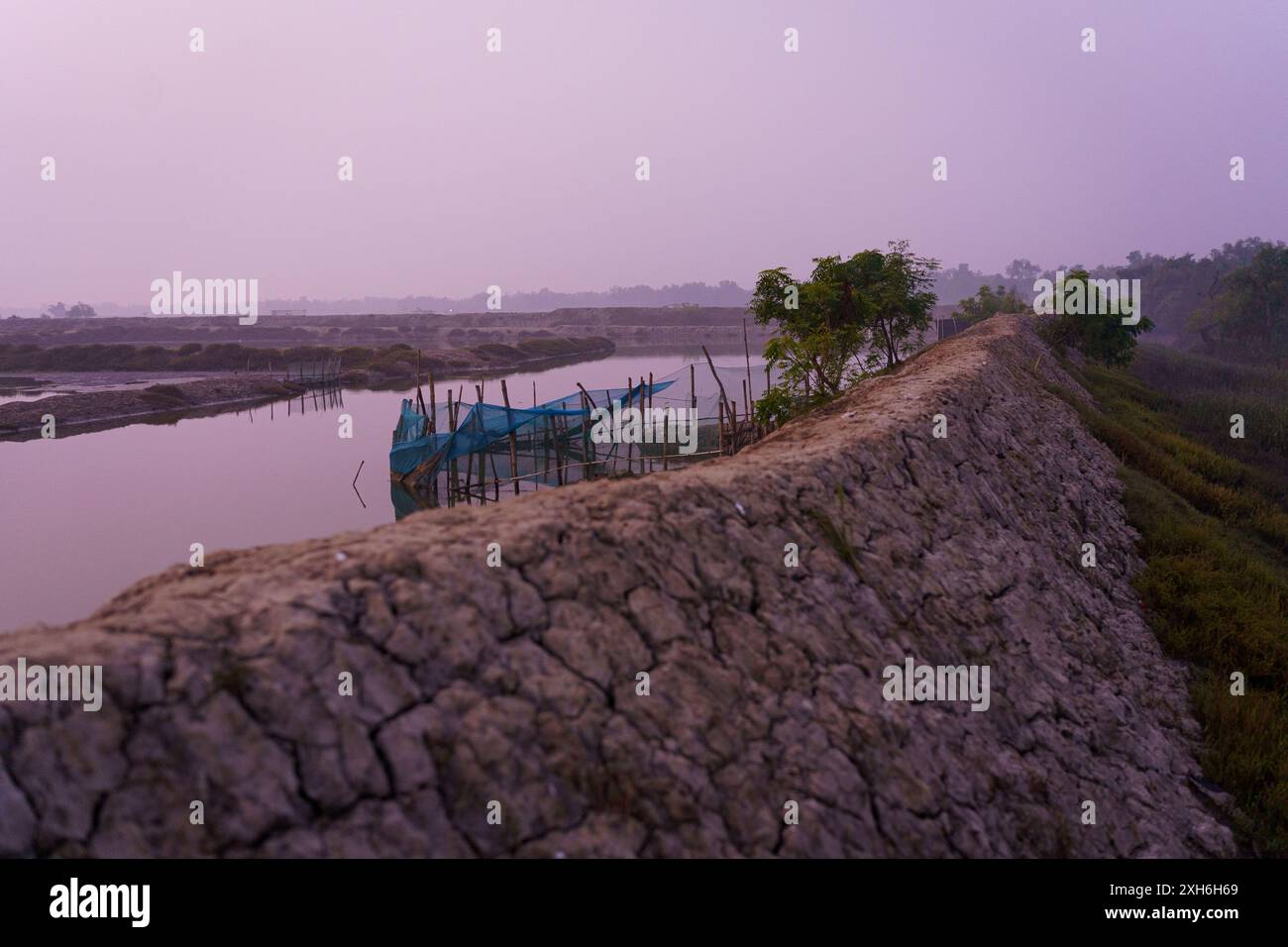 Argini e pesca nel paesaggio dei Sundarbans indiani, la più grande foresta di mangrovie del mondo. Habitat rurale incontaminato nelle campagne Foto Stock