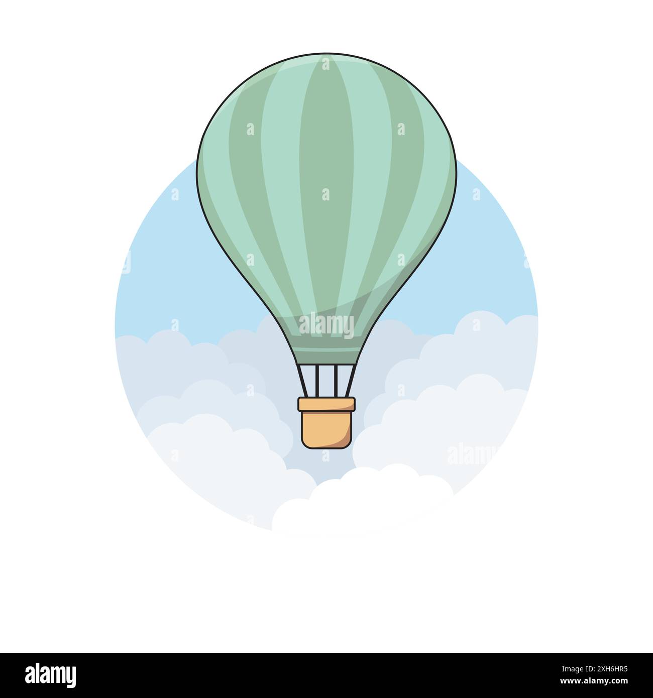 Fumetto ad aria calda a righe verdi su cielo blu e sfondo nuvole illustrazione vettoriale piatta. Viaggi e avventura. Giro in mongolfiera. Illustrazione Vettoriale