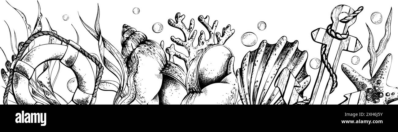 Animali marini con ancora, salvagente e volante. Illustrazione della grafica in bianco e nero, disegnata a mano. Scheda orizzontale per Illustrazione Vettoriale