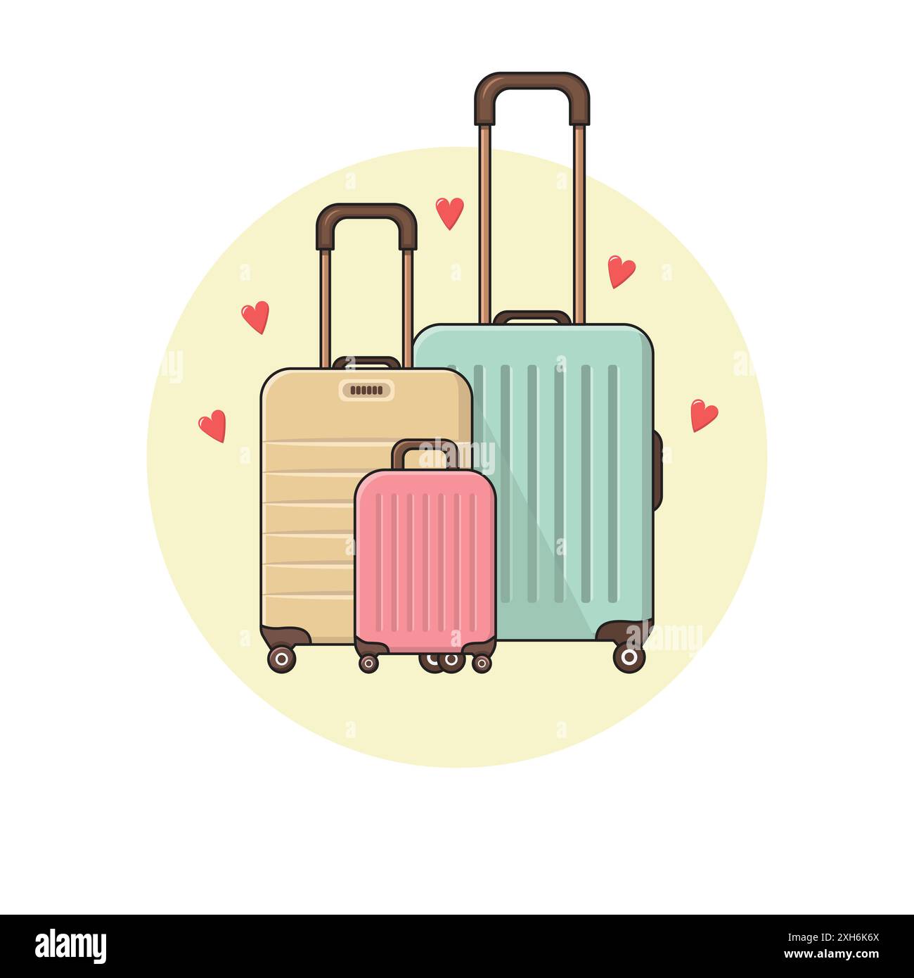 Illustrazione vettoriale di tre graziose valigie di cartone animato con piccoli cuori intorno, estate, vacanze, turismo. Valigie da viaggio colorate per famiglie. Illustrazione Vettoriale