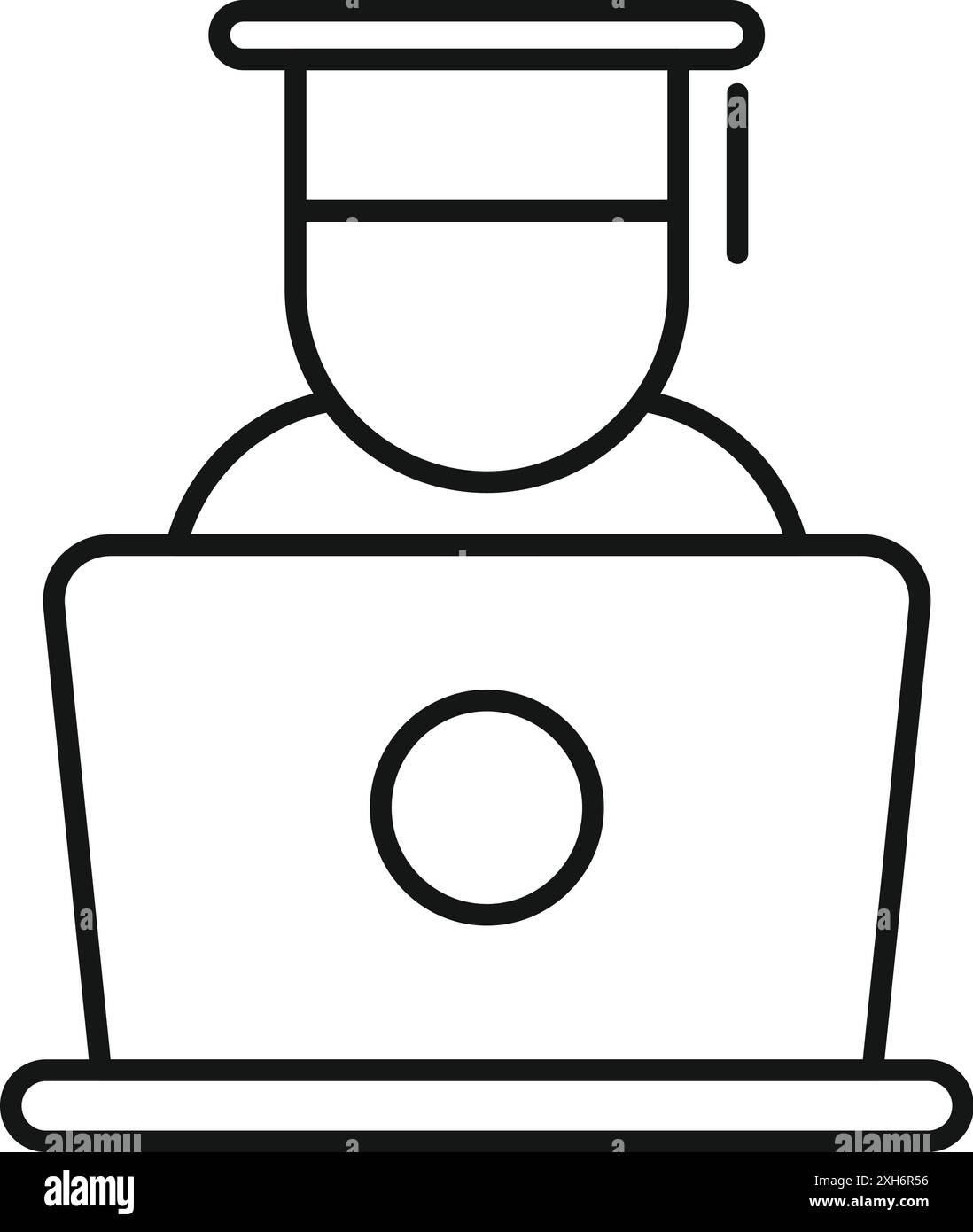 Lo studente che indossa un berretto per la laurea sta lavorando su un notebook, simboleggiando l'istruzione online Illustrazione Vettoriale