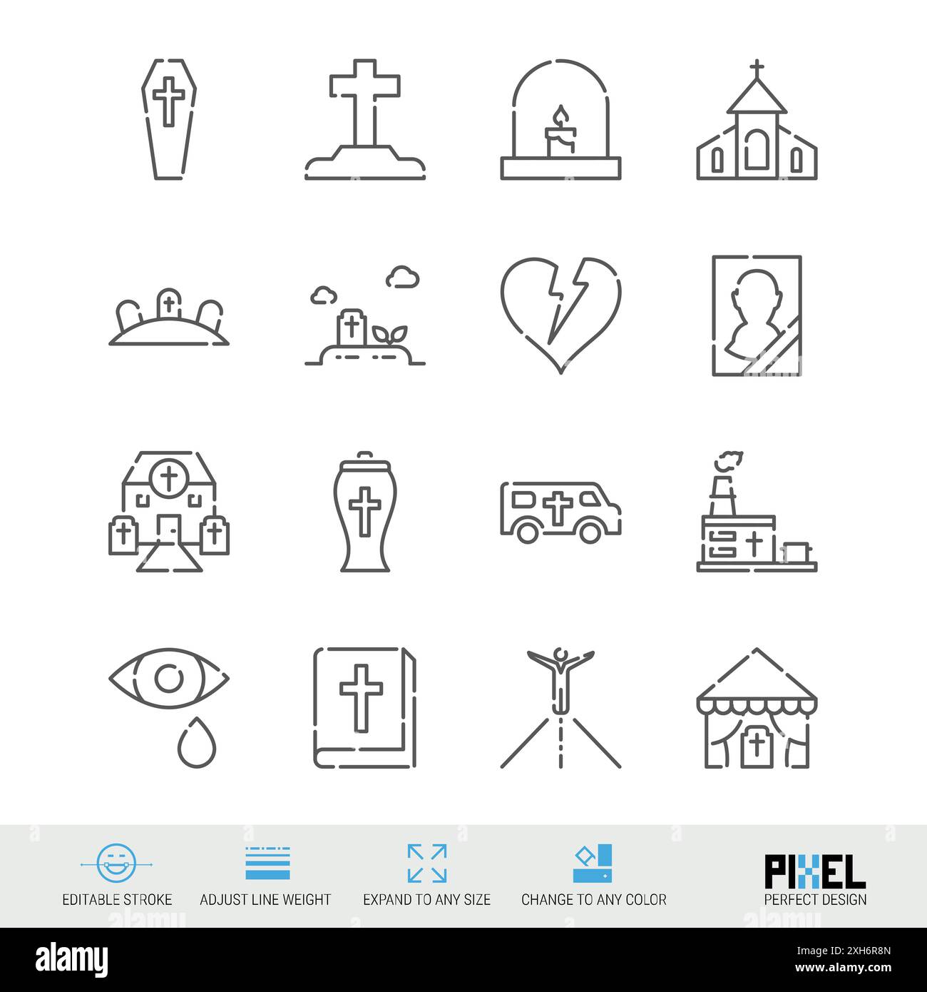 Set di icone della linea relativa ai servizi funebri isolate su bianco. Design pixel Perfect. Foto Stock