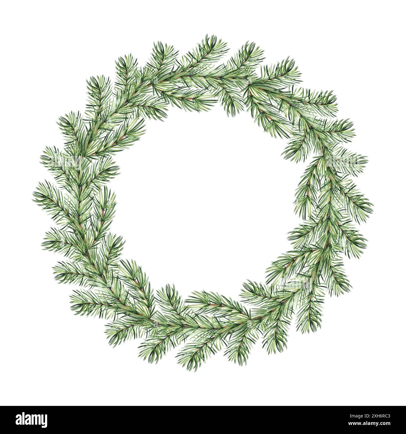 Corona di Natale di rami di abete rosso. Telaio rotondo vintage di ciuffi di pino. Decorazione per le case di vacanza di Capodanno. Illustrazione ad acquerello disegnata a mano Foto Stock