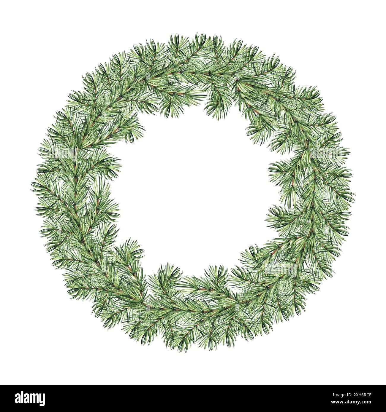 Corona di Natale di rami di abete rosso. Telaio rotondo vintage di ciuffi di pino. Decorazione per le case di vacanza di Capodanno. Illustrazione ad acquerello disegnata a mano Foto Stock
