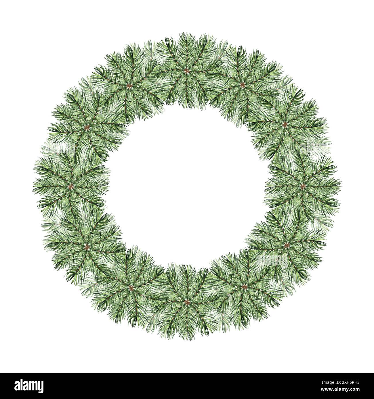 Corona di Natale di rami di abete rosso. Telaio rotondo vintage di ciuffi di pino. Decorazione per le case di vacanza di Capodanno. Illustrazione ad acquerello disegnata a mano Foto Stock