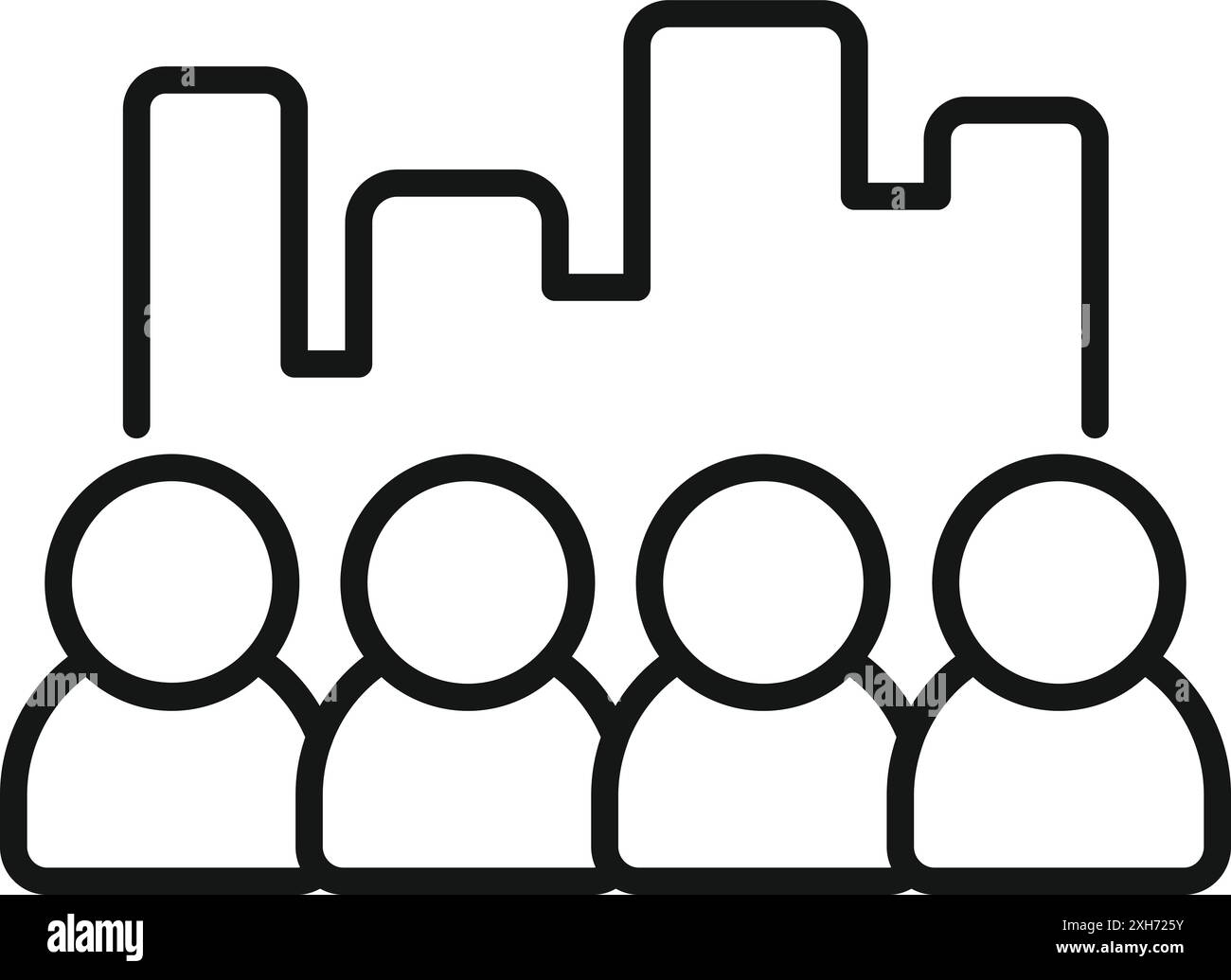 Disegno a linee di un gruppo di persone che guardano un grafico commerciale in crescita rappresentato da edifici cittadini Illustrazione Vettoriale