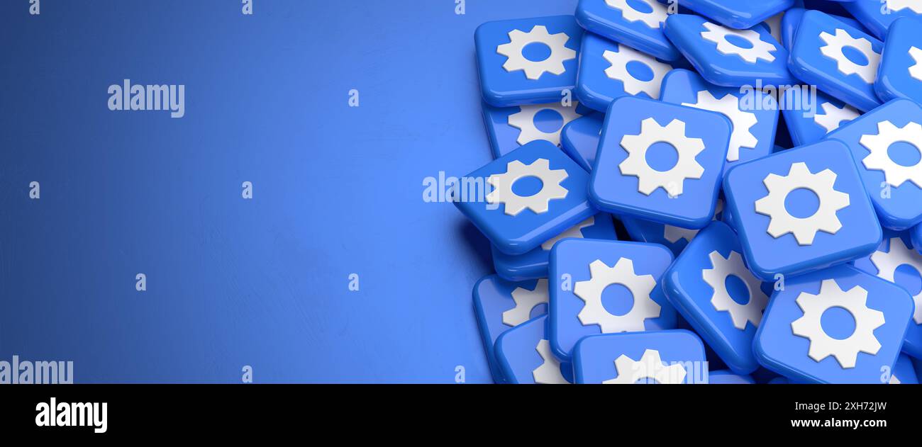 Un logo della ruota dentata su un cumulo di un tavolo. Concetto per la configurazione o la modifica delle impostazioni. Copia spazio. Formato banner Web. Foto Stock