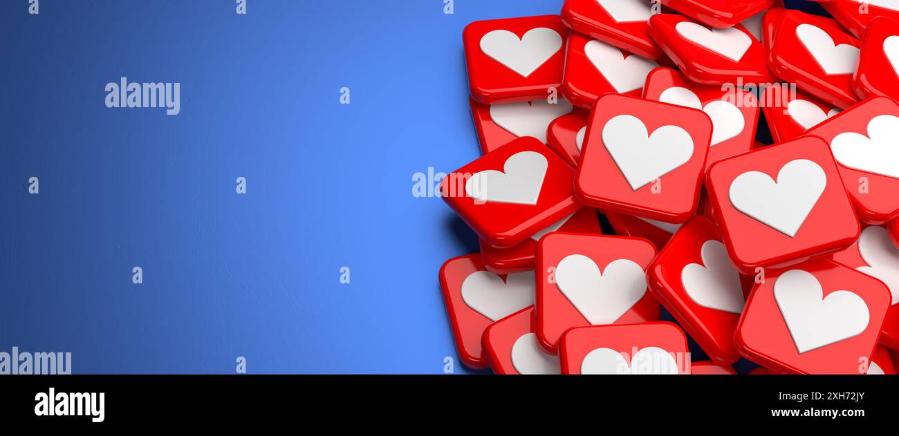 Logo a forma di cuore bianco su sfondo rosso su un cumulo di un tavolo. Concetto per i preferiti, i gusti, i social media. Copia spazio. Formato banner Web. Foto Stock