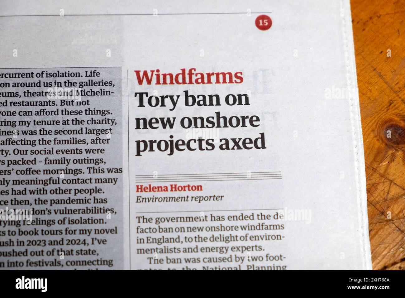 "Windfarms Tory Ban on New onshore Projects Ascied" titolo del quotidiano Guardian energia verde lavoro ambientale articolo 9 luglio 2024 Londra Inghilterra Regno Unito Foto Stock