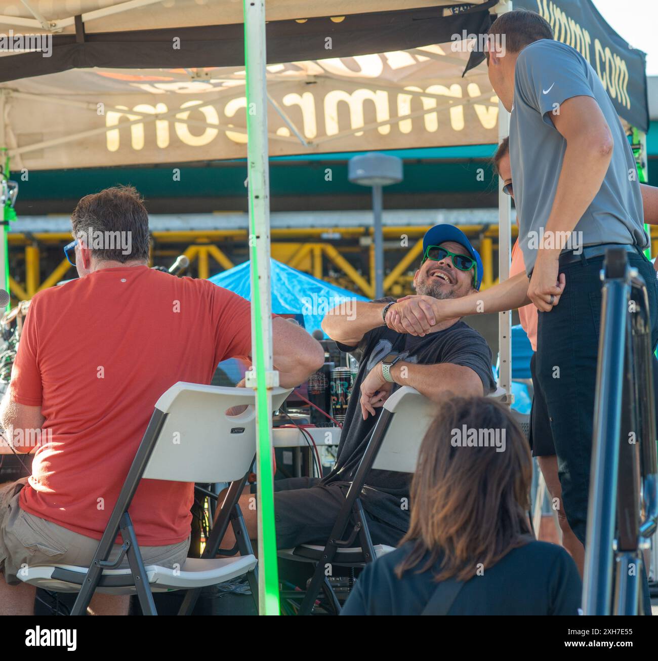 Allentown, Stati Uniti. 11 luglio 2024. Preston Elliot, Casey Fosbenner, Kathy Romano e Steve Morrison sono stati trasmessi in diretta durante il Day Off della WMMR a Dorney Park giovedì 11 luglio 2024 al Dorney Park di Allentown, Pennsylvania. ( Crediti: William Thomas Cain/Alamy Live News Foto Stock