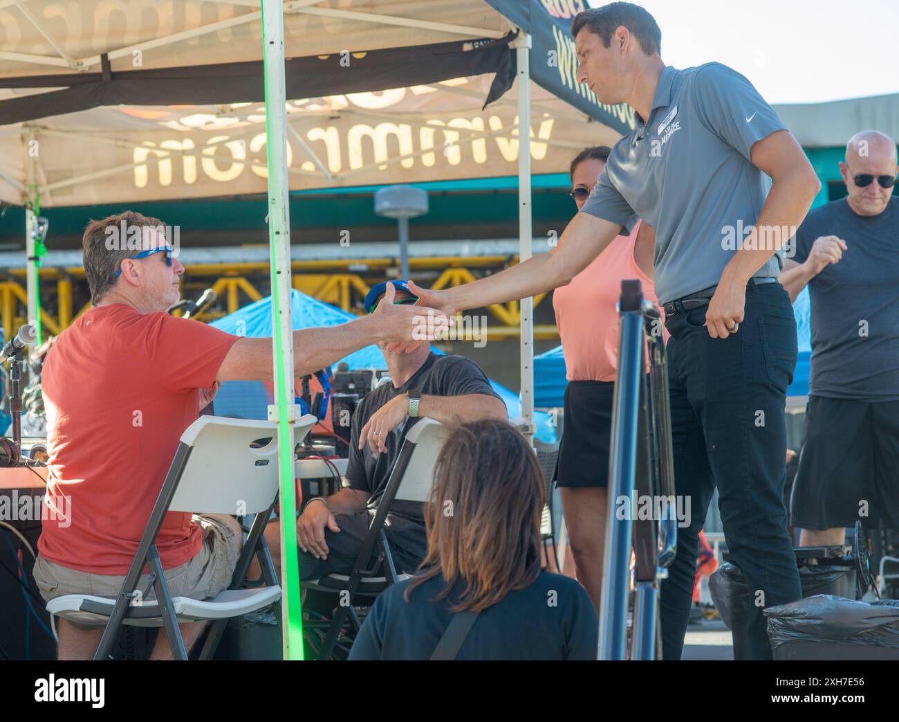 Allentown, Stati Uniti. 11 luglio 2024. Preston Elliot, Casey Fosbenner, Kathy Romano e Steve Morrison sono stati trasmessi in diretta durante il Day Off della WMMR a Dorney Park giovedì 11 luglio 2024 al Dorney Park di Allentown, Pennsylvania. ( Crediti: William Thomas Cain/Alamy Live News Foto Stock