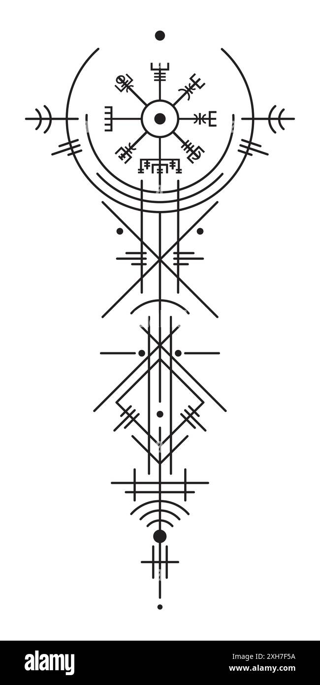 Magia antica vichinga art deco, Vegvisir magia navigazione bussola antica. I Vichinghi usarono molti simboli in accordo con la mitologia norrena Illustrazione Vettoriale